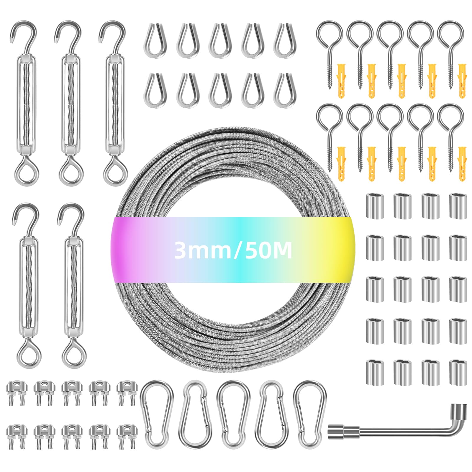 50 m Φ 3 mm Cable Acero Inoxidable, 72 Piezas Kit Cuerda Acero, Cuerda de Alambre Acero Nylon Recubierto con 304 Acero Inoxidable M5 Turnbuckle Tensioner Cable Dedal