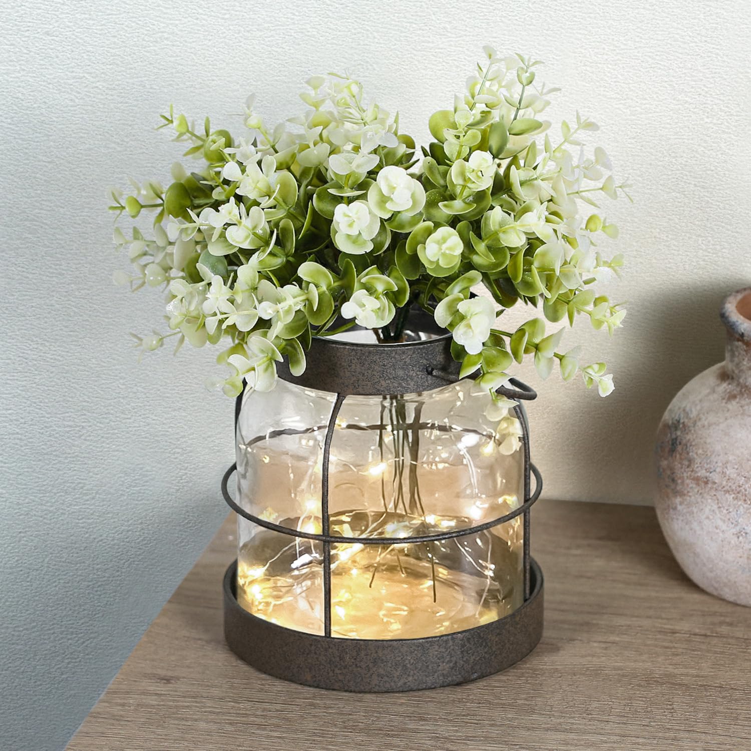 Vintage Glass Farmhouse Vase - Handmade Rustic Lantern Planter with Bonus Artificial Flowers & LED Lights (Home Decor Centerpiece), Farmhouse Wedding/Tabletop Decor, Housewarming Gift