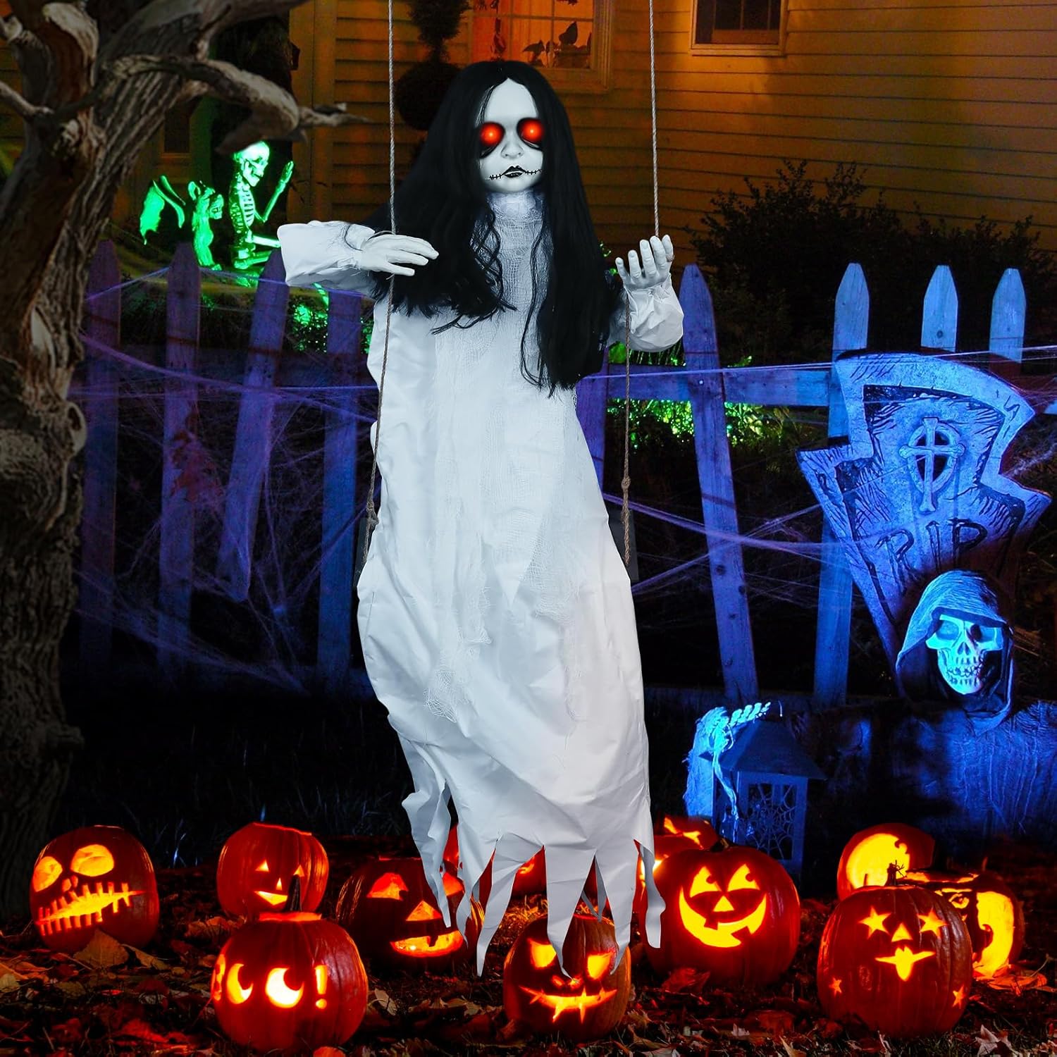 3.9 Ft Halloween Decorations Animatronics Hanging Swinging Girl with Creepy Sound/Light Up Eyes/Scary Expression, Creepy Doll Hanging Ghosts Haunted House Holiday Decor Prop for Indoor Outdoor