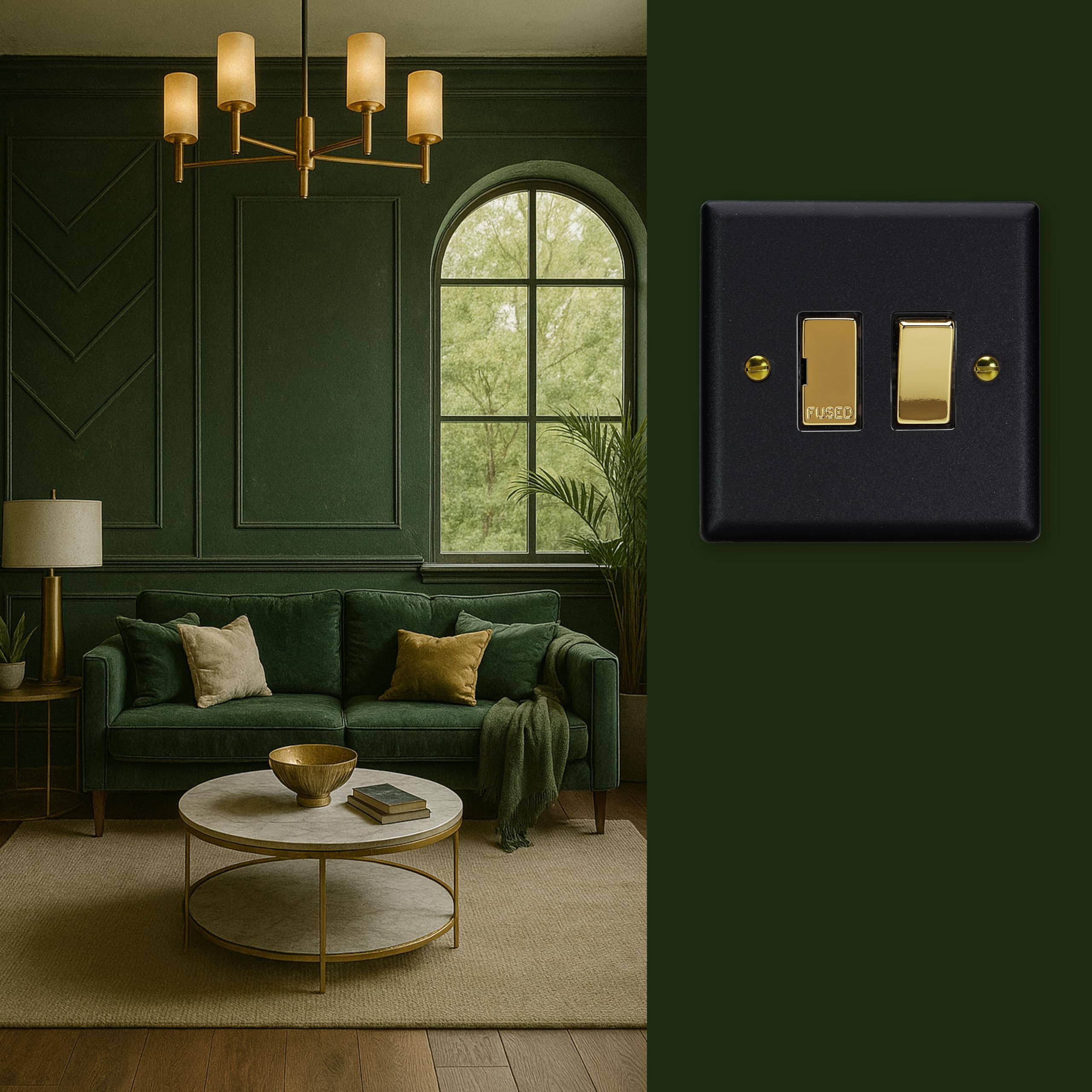 Varilight Switched Fused Spur - Vogue Matt Black with Polished Brass Insert, XY6V.MB - Image 2