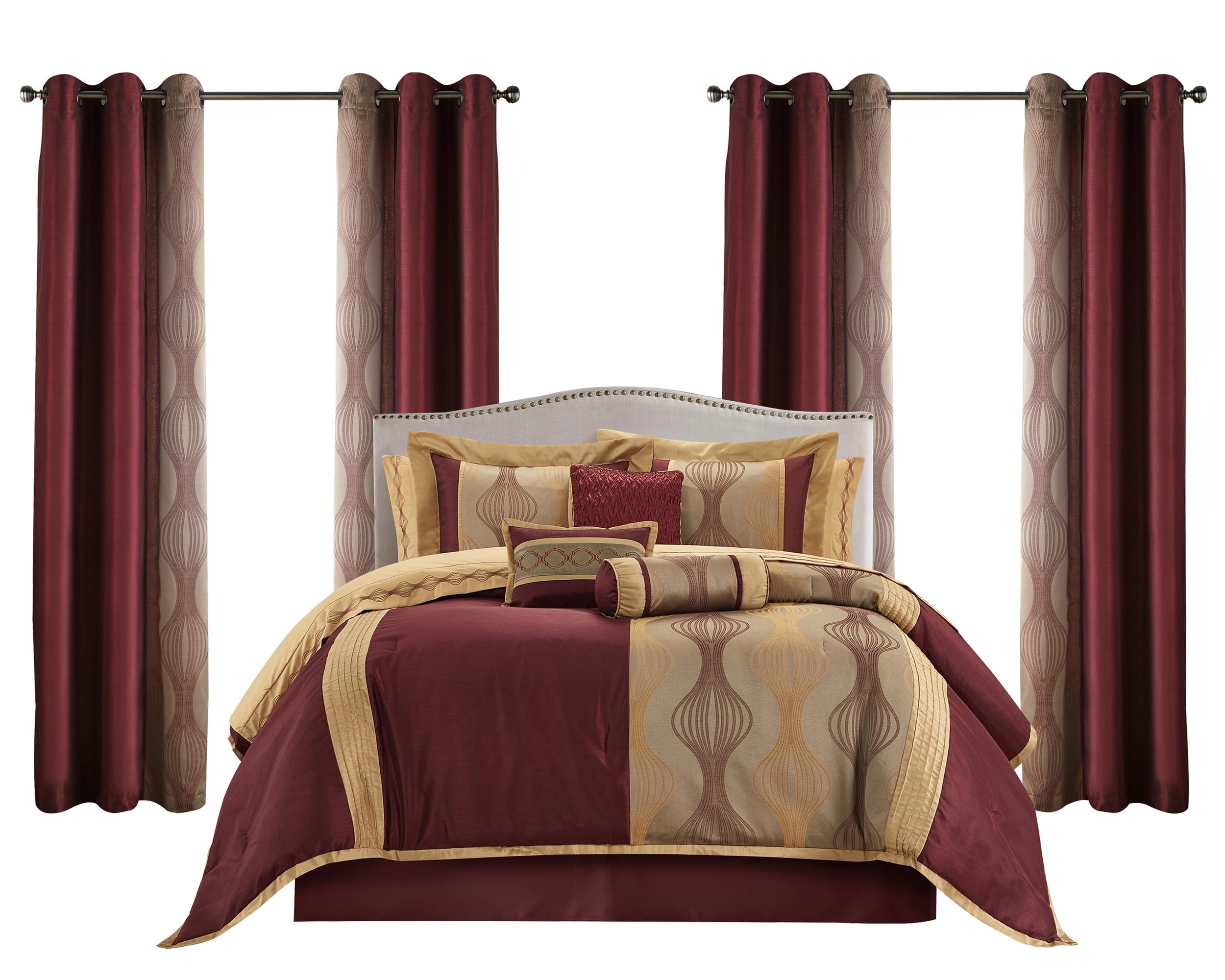 LANCO MODERN LIFESTYLE Queen Comforter Set, Wine Gold, 15 Pieces Room in a Bag, Ultra Soft Jacquard with Patchwork, Luxury Bed Set with Sheets,