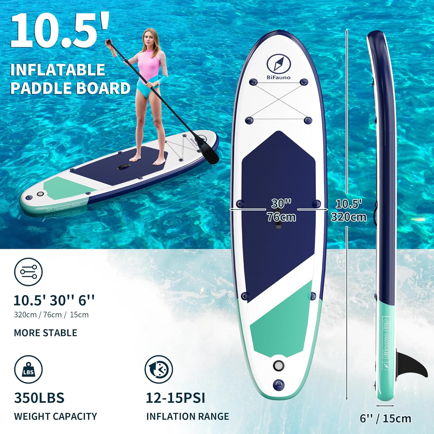 Bifanuo Inflatable Stand Up Paddle Board with SUP Accessories & Backpack. Paddle Boards for Adults. Non-Slip Deck, Wide Stance, Bottom Fin, Double Action Pump.