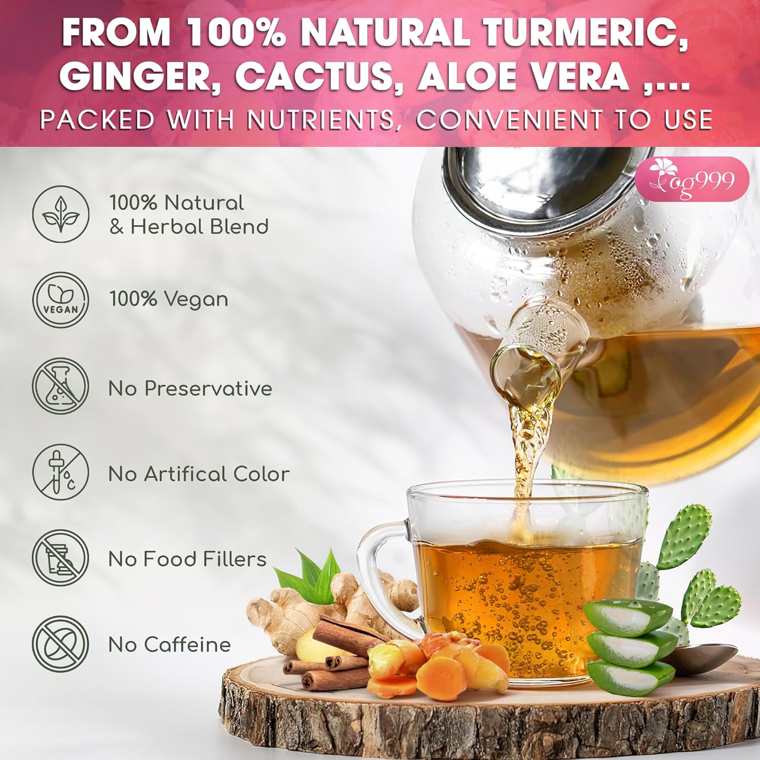 TOG999, Premium Blood and Sugar Balance Tea | 300gr - 10.5oz | 100% Natural Turmeric, Ginger, Cactus Nopal, Aloe Vera, Bay Leaf, Cinnamon & Hibiscus - Loose Powder Herbal Blend – Caffeine-Free Tea