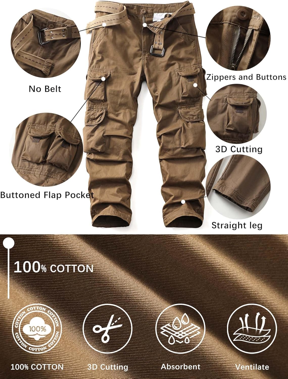 Men's Camo Cargo Work Pants Ripstop Causal Cotton Wild BDU Trousers with 8 Pockets (No Belt) - Image 4