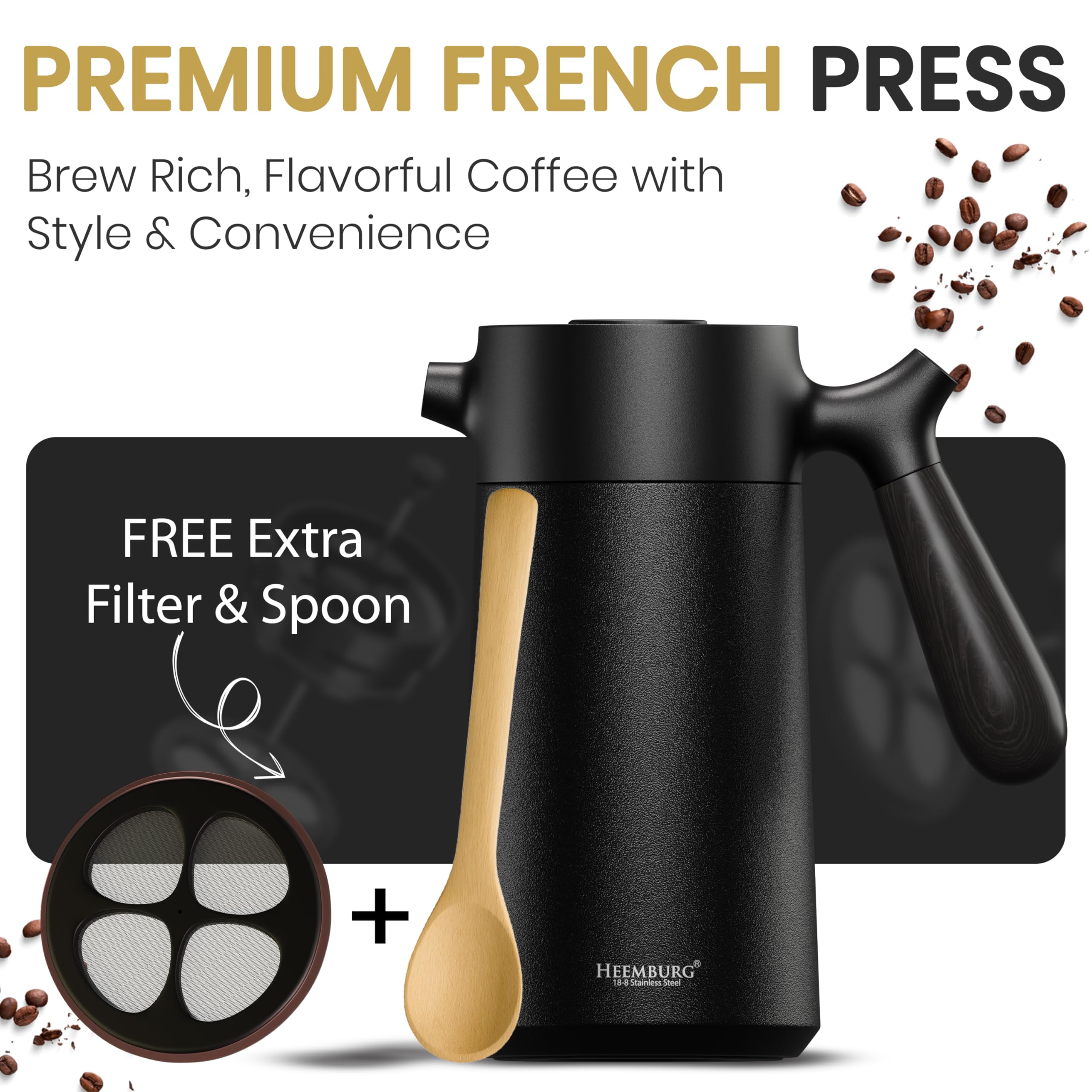 Heemburg French Coffee Press - cervecería térmica - Cafetera Francesa Doble Pared - espresso y tetera Acero inoxidable