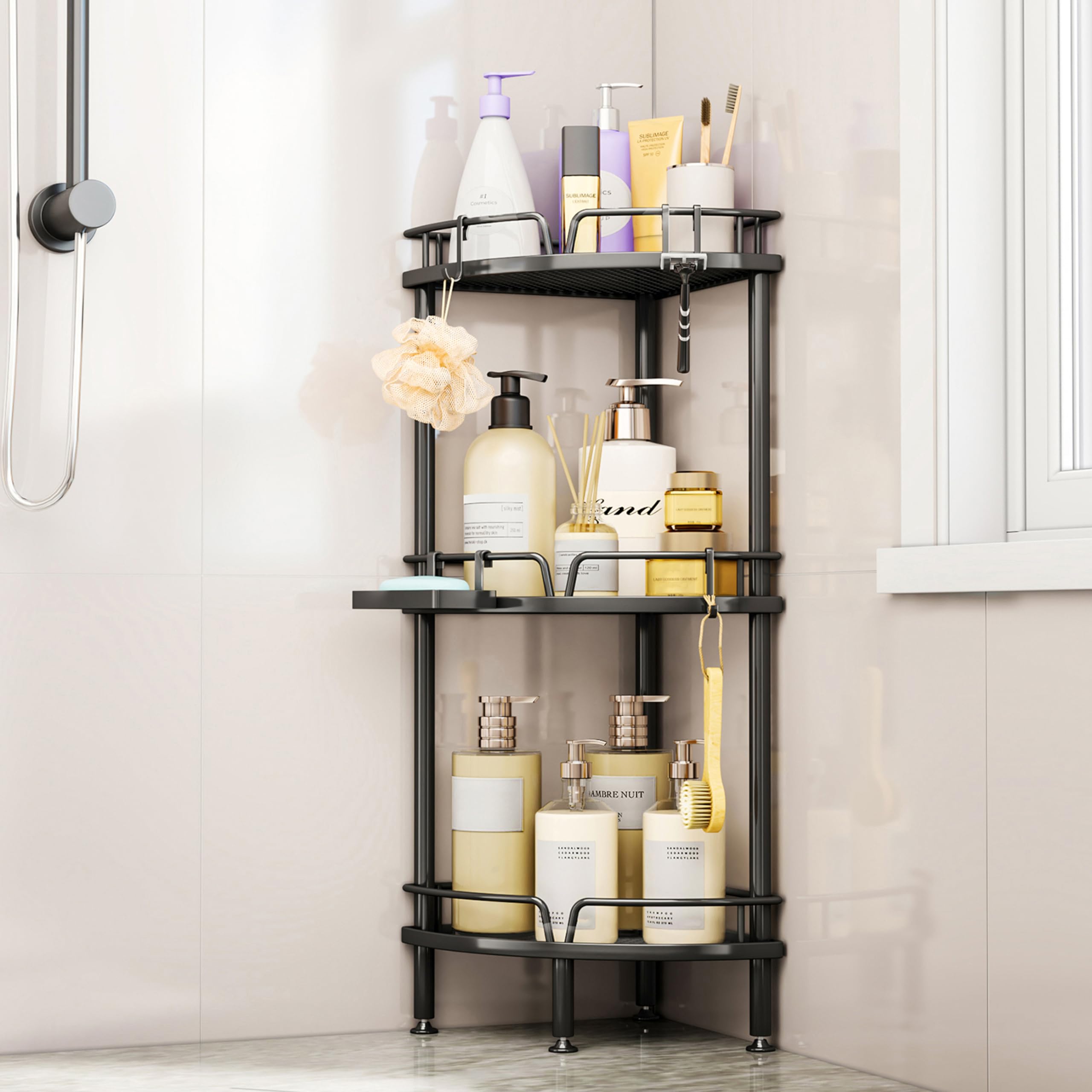 Consumest Hoekdouche Caddy Stand - 3 Tier Douche Organizer met Zeephouder, Staande Hoge Vloer Douche Stand met Verstelbare Voeten & 4 Haken, Douche