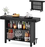 LITTLETREE 63-Inch Black Home Bar Table with 2-Tier Storage Shelf, Kitchen Pub Counter, Indoor Mini Bar Unit