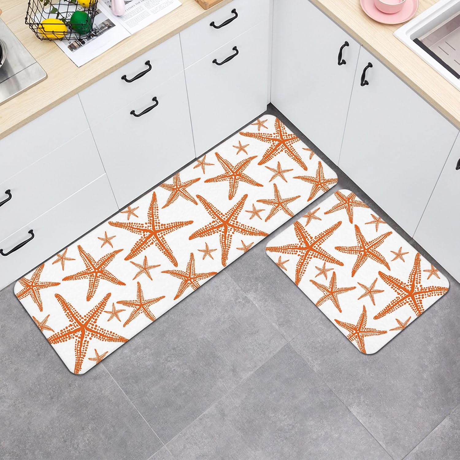 Coastal Orange Starfish Kitchen Mats Set of 2 Nautical Minimalist Ocean Summer Non Slip Mat Washable Floor Rug for Kitchen Sink Floor Laundry, 15.7"x23.6"+15.7"x47.2"