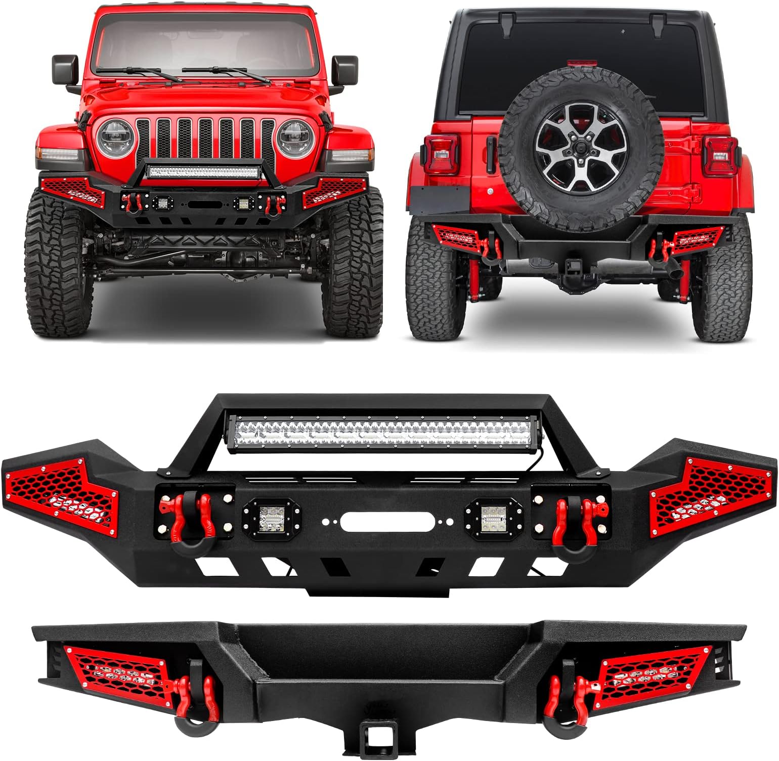 AIWARGOD Front and Rear Bumper Compatible with 2018 2019 2020 2021 2022 Wrangler JL Black Steel Offroad Bumpers with LED Light & D-Ring &Winch Plate& 2" Hitch Receiver