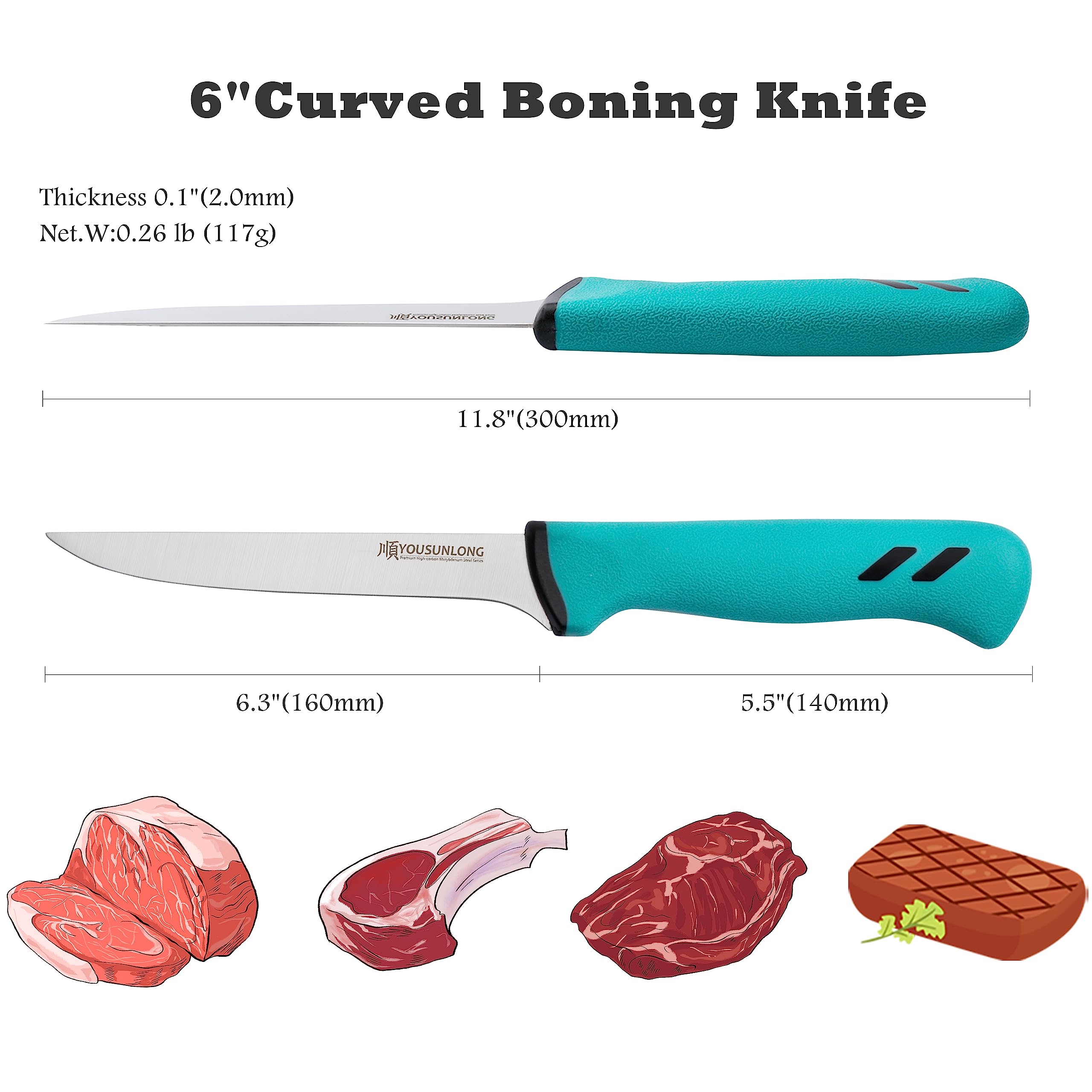 YOUSUNLONG Curved Boning Knife for Meat Cutting - 6 Inch - Premium High-carbon Molybdenum Steel Flexible Curved Blade - Butcher's Kitchen Boning Knife - Ergonomic & Non-slip Handle — Amazon image 2