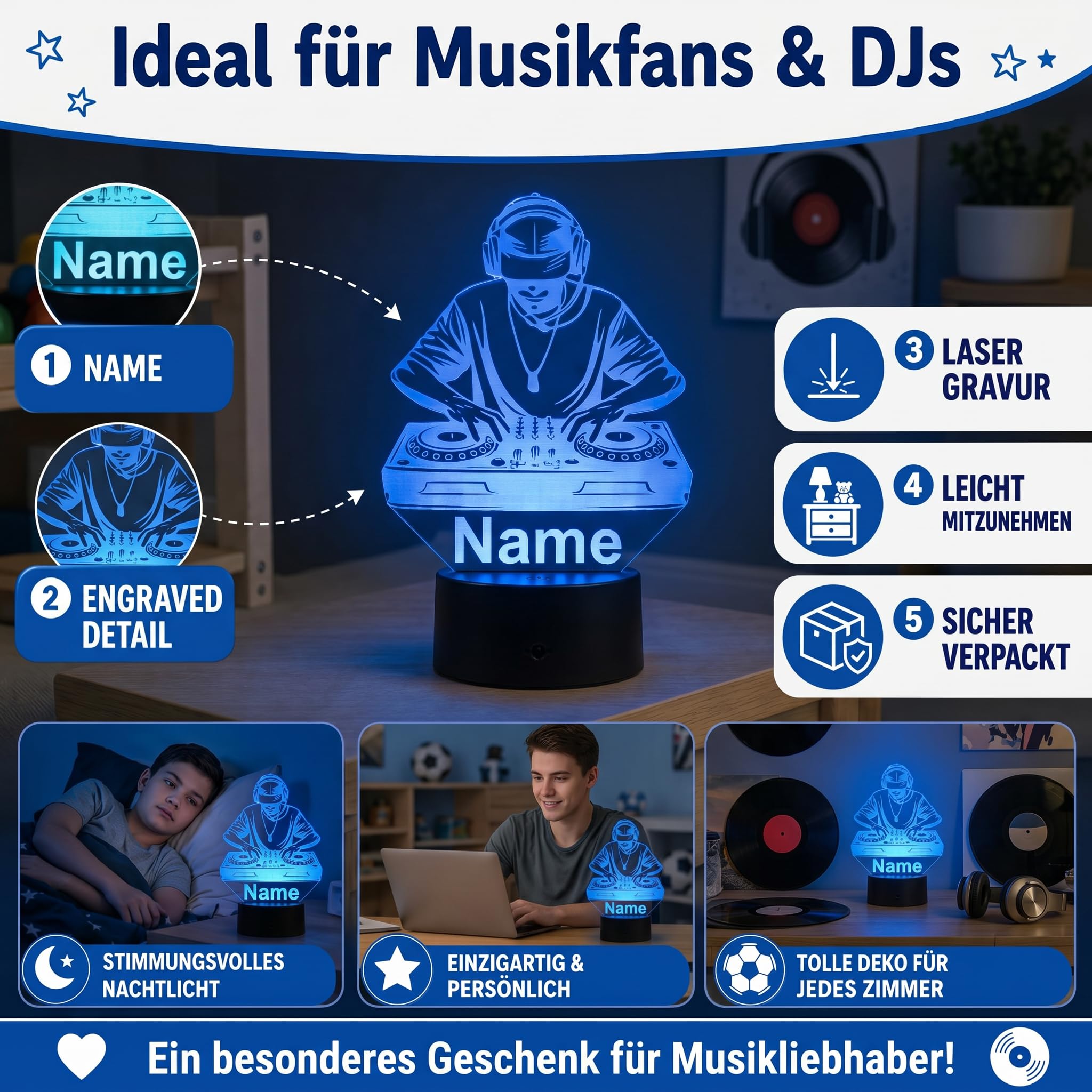 Personalisierte DJ Lampe – LED Nachtlicht mit Name & Gravur – Geschenkidee für DJs, Musikliebhaber & Clubfans – Musik Deko Lampe, stimmungsvolles Licht & originelles DJ Geschenk