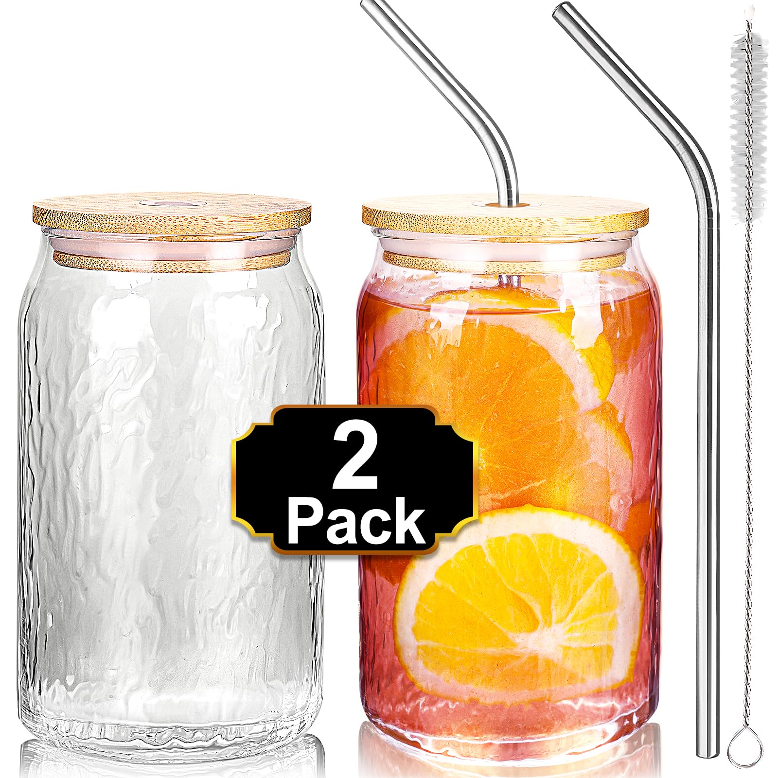 RBUGR Glass Cups with Bamboo Lid and Straws, 2 Set 18oz Glasses with Straws and Brush. Glass Cups with Unique Ripple Pattern for Coffee, Drinks, Sodas, Beer, Decoration