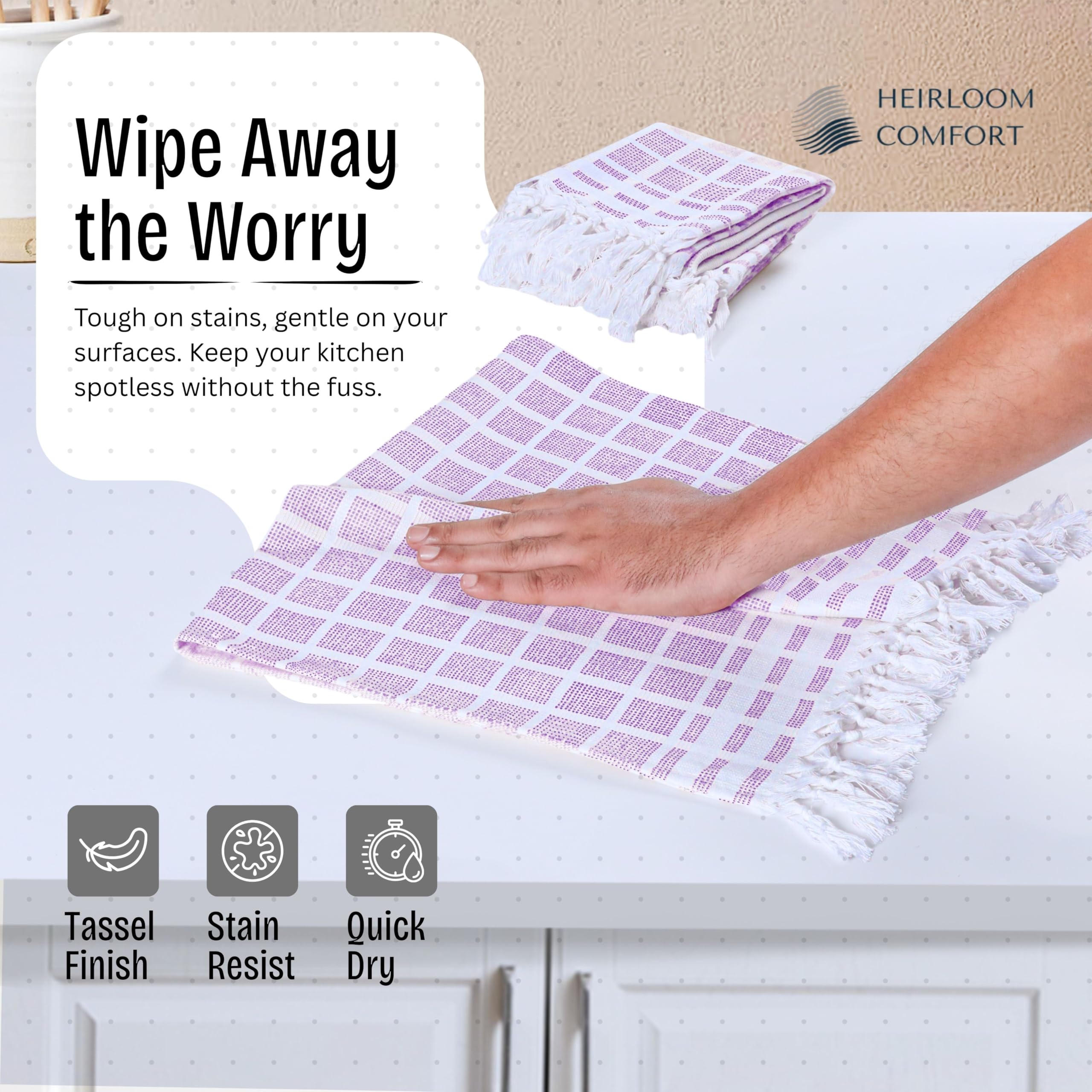 Asciugamani a matrice punteggiata bianca e lavanda 12 pezzi, 100% cotone, 40,6 x 66 cm, asciugamani decorativi con nappa, riutilizzabili, ad asciugatura rapida e assorbenti per uso in