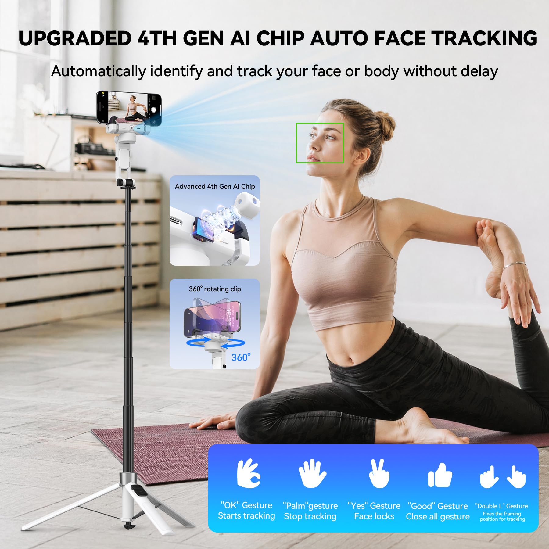 Treppiede automatico per iPhone con luce da 71 pollici Selfie Stick Treppiede Stand segue il tuo movimento Stabilizzatore cardanico a 360 ° con telecomando wireless per Creatore di contenuti Vlog