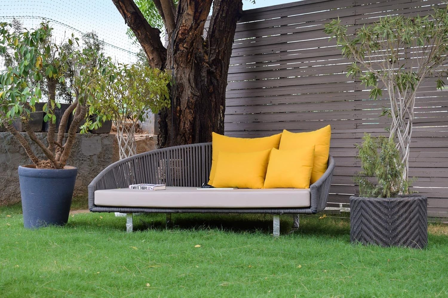 NIRANKAR Outdoor Grey Rope Patio Daybed with High Backrest & Comfortable Cream Cushions | 2 Seater Lounge Bed for Garden, Terrace, Backyard, Balcony, Poolside & Courtyard Relaxing Furniture