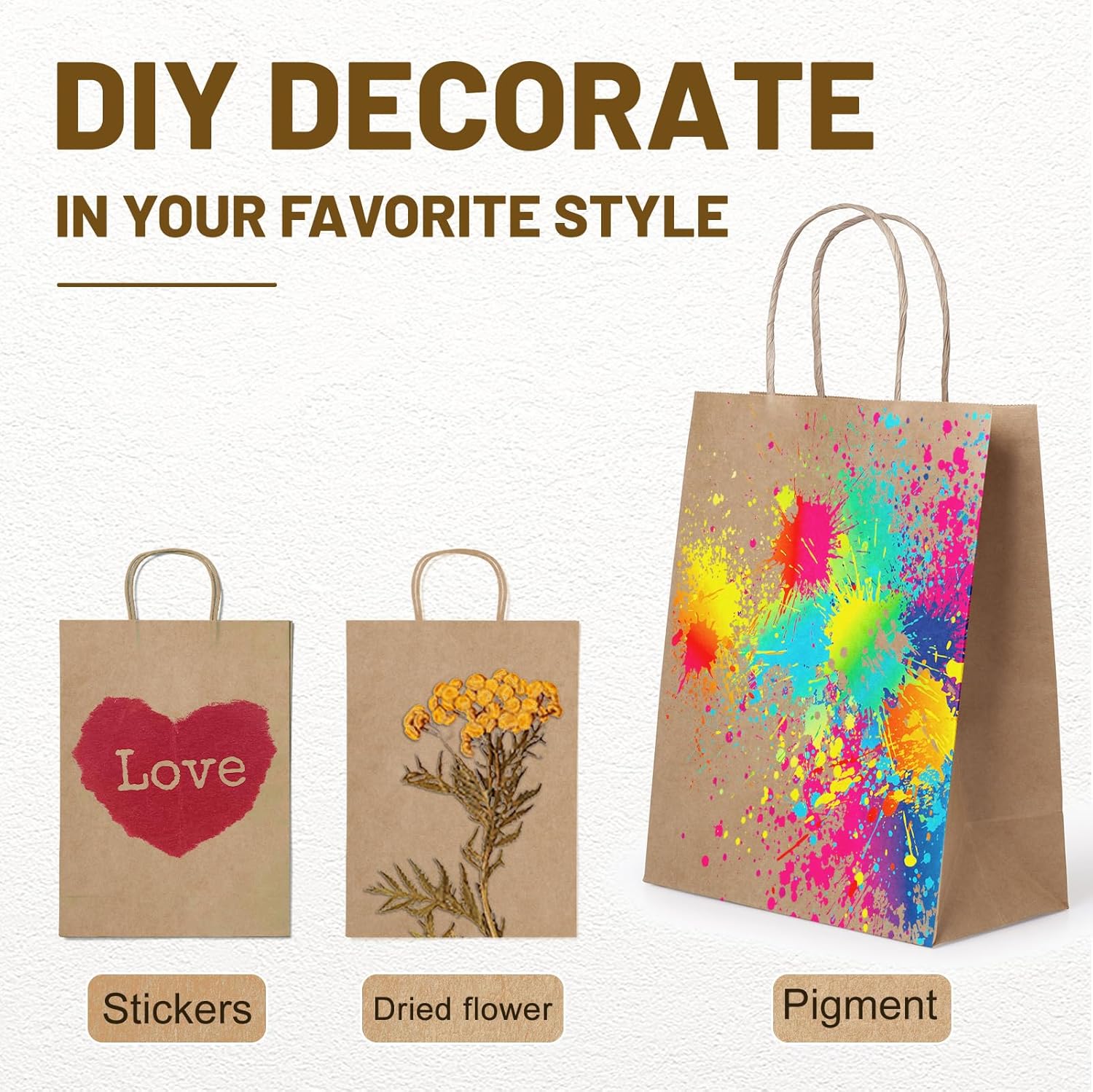 Gift Bags 8.25"X5.9 "X3.15" 100pcs Brown Kraft Paper Bag with Handles for Small Business Christmas Bulk, Wedding, Party Favor, Shopping, Lunch, Halloween Trick-or-Treat Bags - Image 6