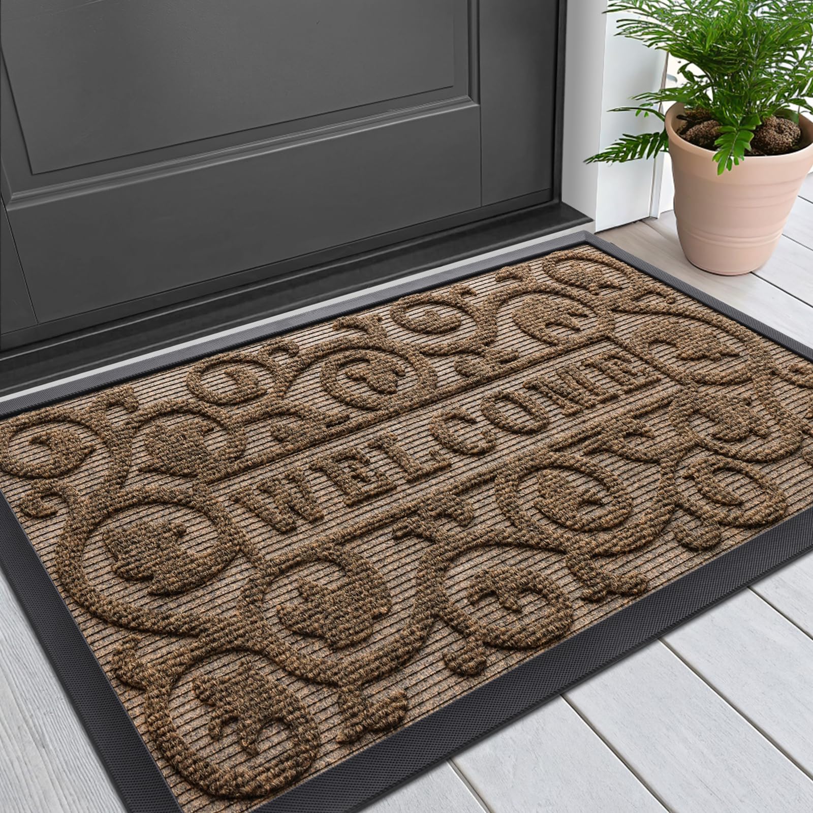 Smiry Welcome Door Mat Outside Entrance, Heavy Duty Trap Dirt and Moisture Easy Clean Low Profile Patio Porch Indoor Outdoor Front Doormat for Entry,