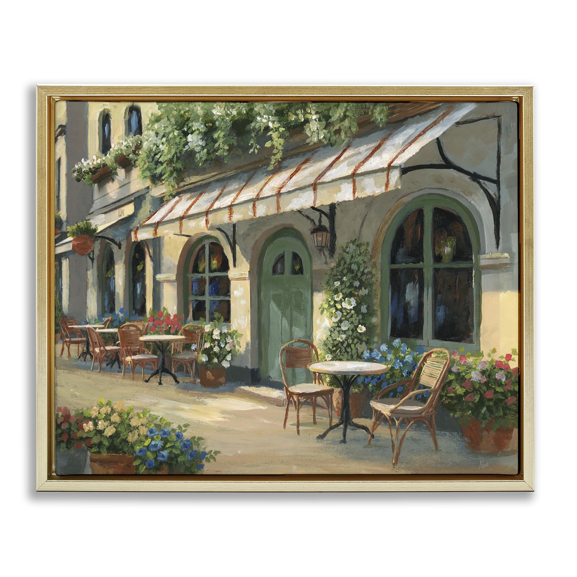 Stupell Industries Sunlit Cafe Patio Architecture 'Cozy Cafe Sunlit Patio', Floating Frame Canvas Art, Gold, 31 X 25 Inches, Easy To Hang And Sturdy, Made In Usa, By Nan