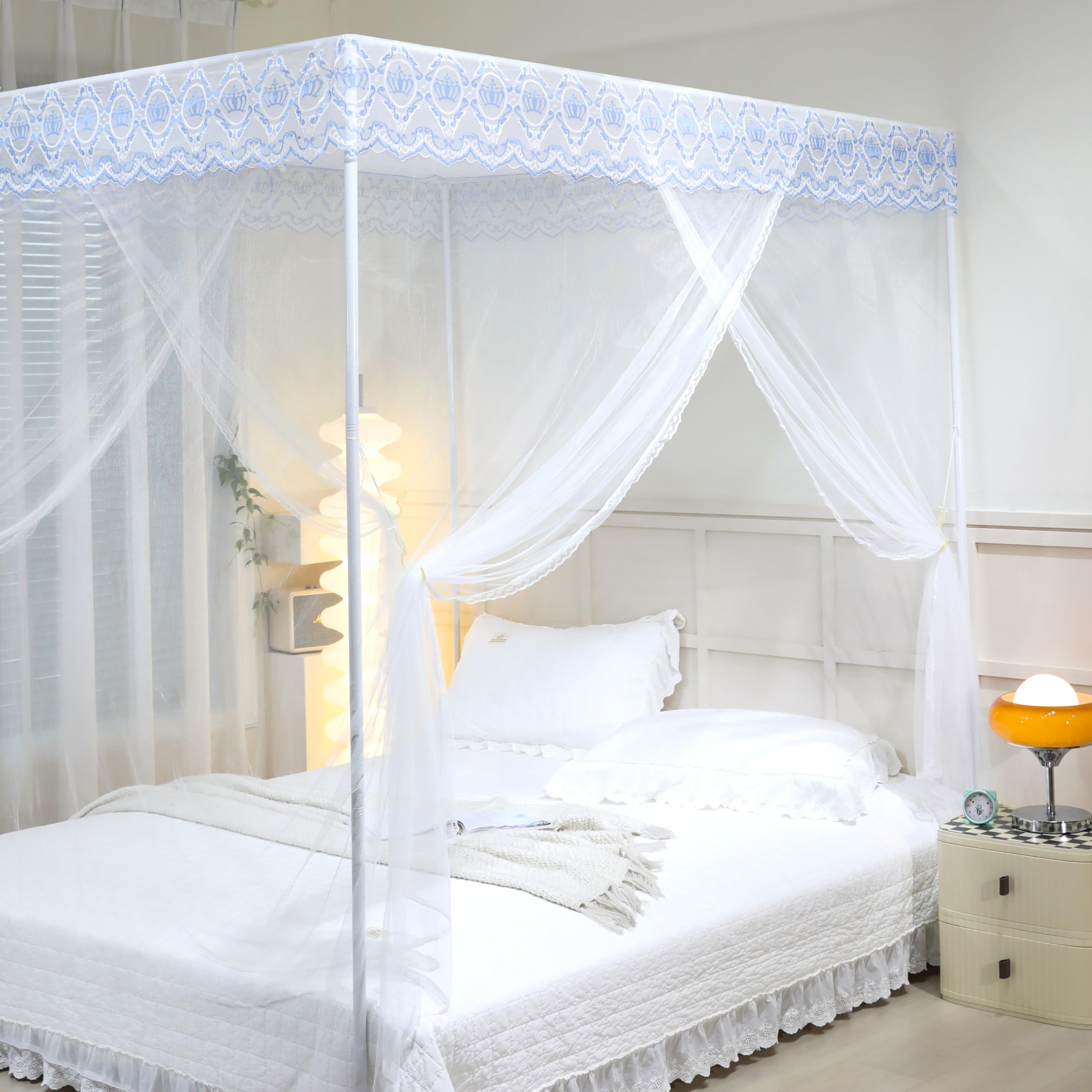 naturetalk Bed Canopy, Princess Bed Curtain Net for Girls & Adults?Three-Doors Rectangle Lace Dome Netting (White, King)