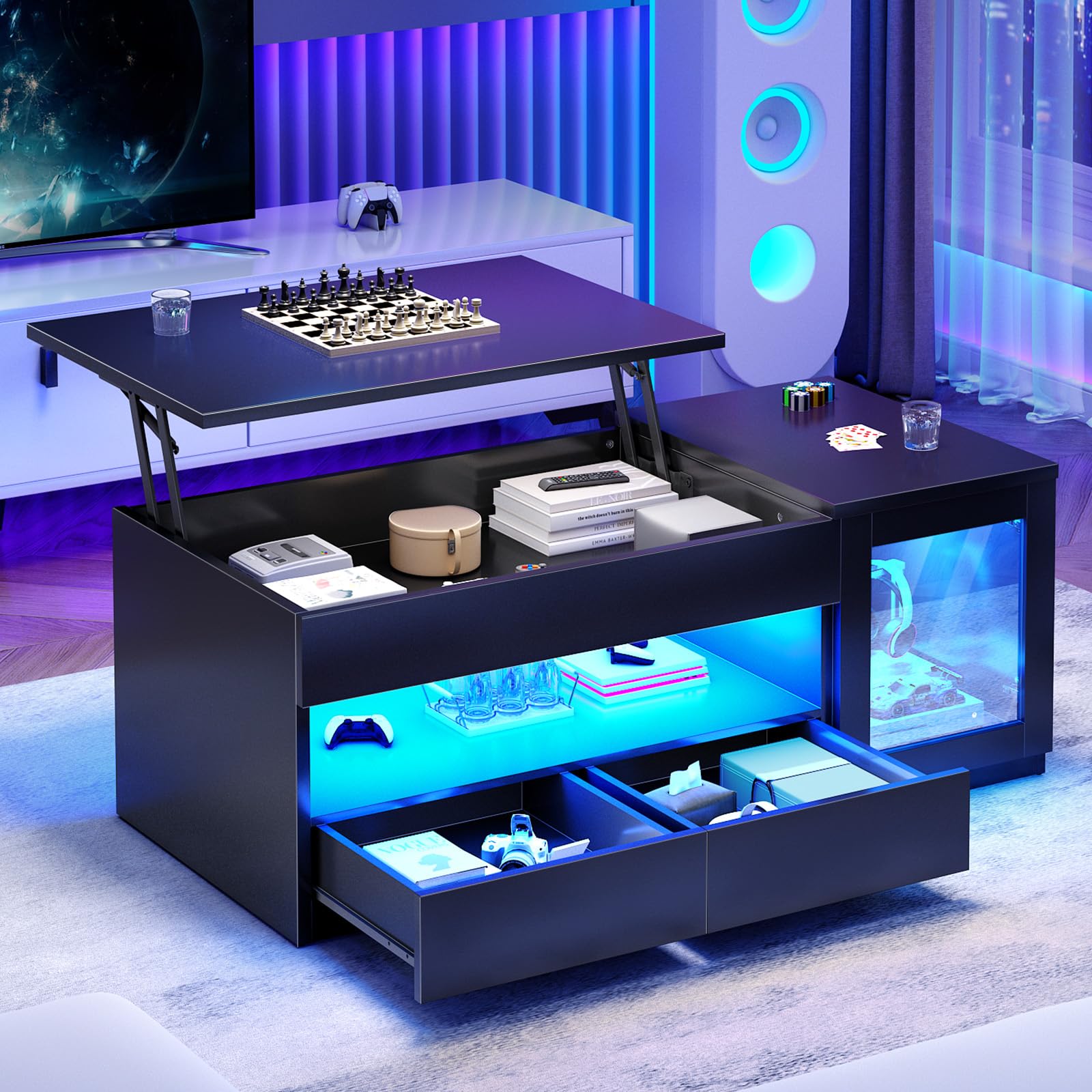 Itaar 39 4 Lift Top Coffee Table with 2 Drawers Modern LED Coffee Tables for Living Room Coffee