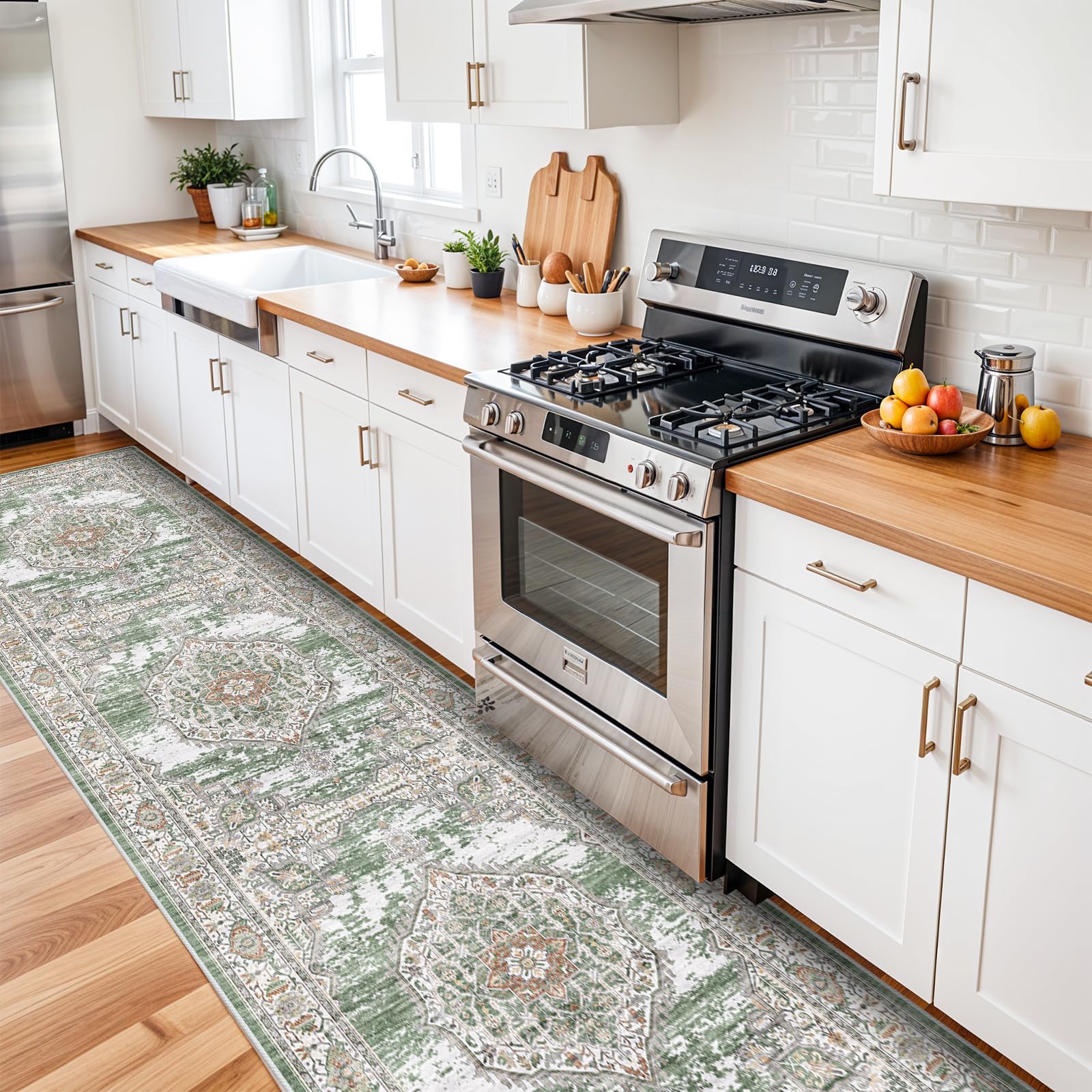 3x12 Kitchen Hallway Runner Rugs: Vintage Machine Washable Long Carpet for Bedroom Bathroom Soft Anti-Slip Backing Floor Mat for Entrance Farmhouse(Green/Ivory, 3x12)OEKO-TEX STANDARD 100