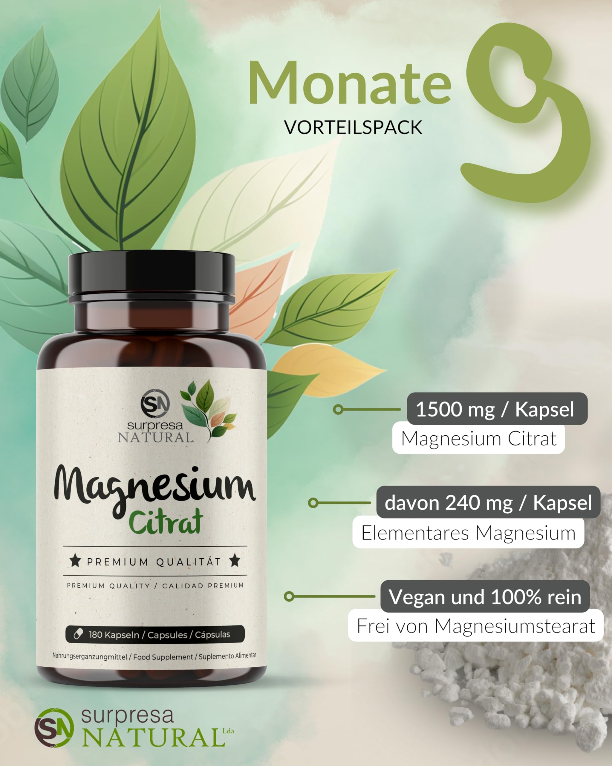Magnesiumcitrat Kapseln hochdosiert I 3x 180 Kapseln I 1500mg Magnesiumcitrat & 240mg reines Magnesium pro Tagesdosis I Nahrungsergänzungsmittel vegan & laborgeprüft