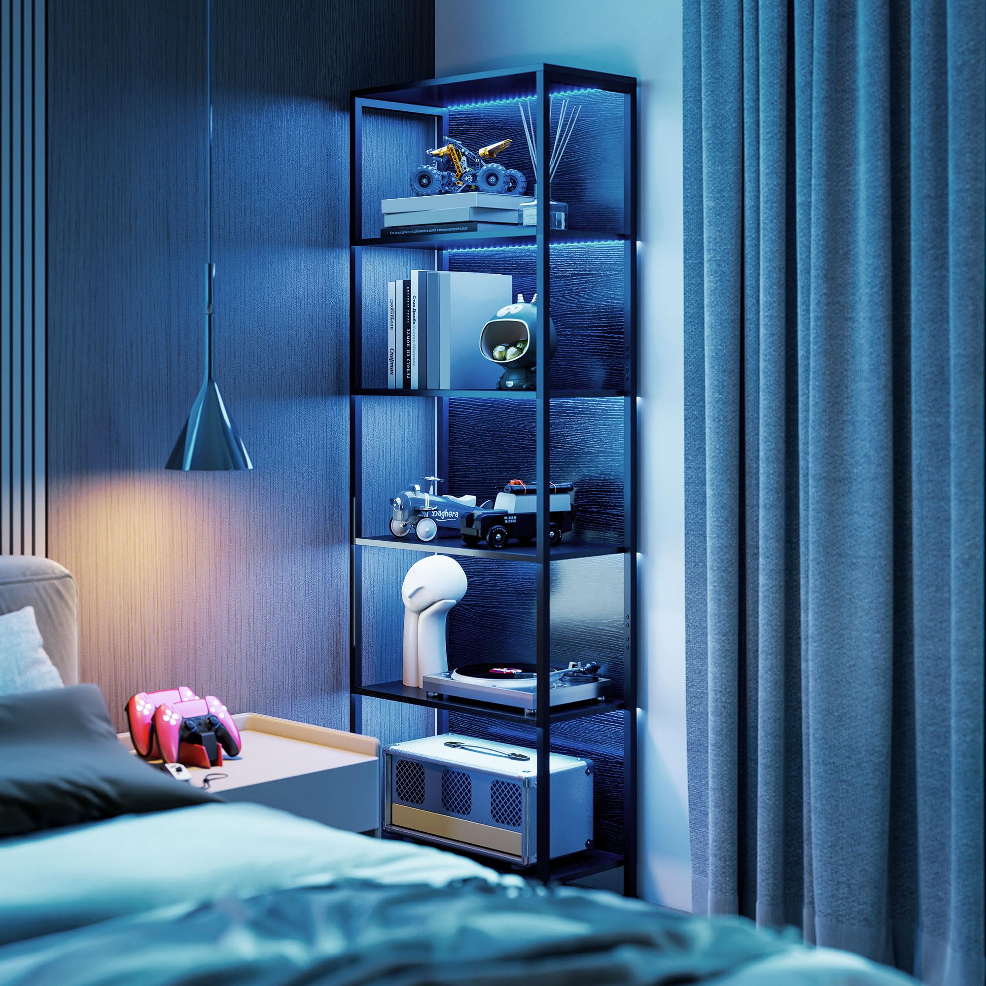 HOMCOM Bibliothèque à 5 Niveaux avec éclairage LED 7 Couleurs, étagère de Rangement, Structure en Acier, Style Industriel, Meuble de Rangement pour Salon, Bureau, Chambre, 60 x 30 x 179 cm, Noir