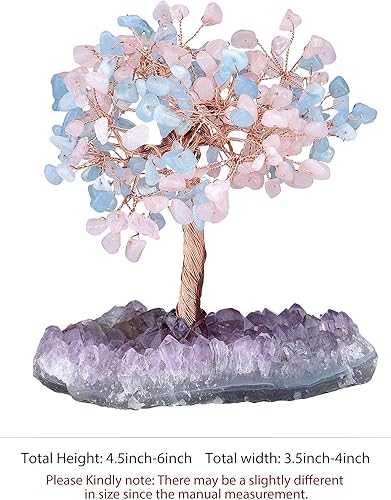 Miniatura 3 de rockcloud Árbol de dinero de piedra de cuarzo rosa natural y aguamarina con base de racimo de cristal de cuarzo amatista, árbol bonsái, Feng Shui,