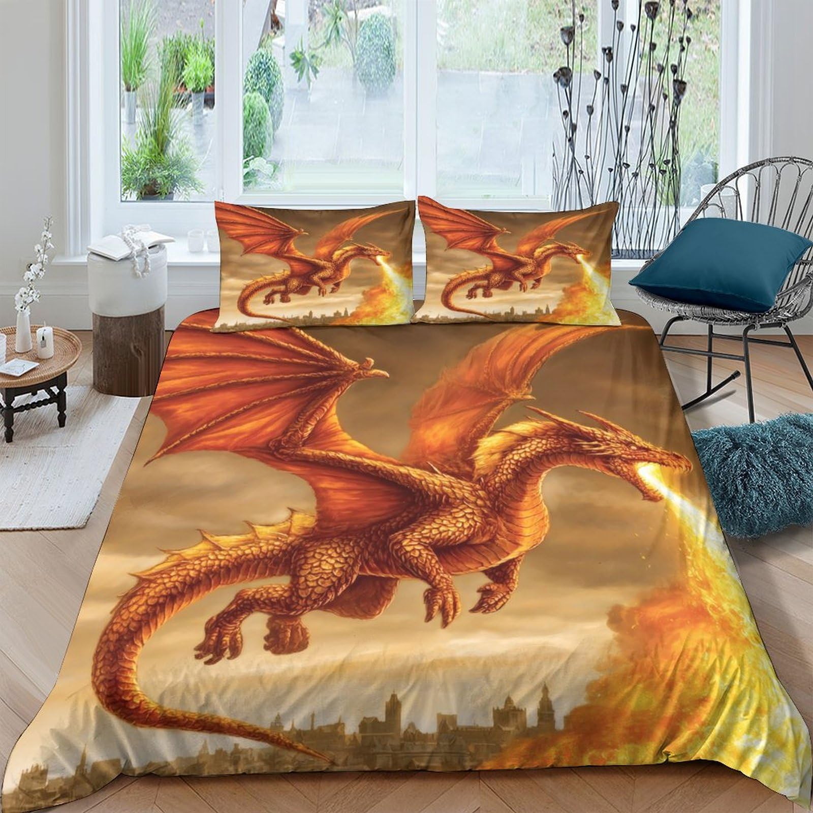 Ctjqhvkz Style-6 3D Printed Fire Dragon Fitted Sheet Microfiber Orange Fantasy Mattress Cover Breathable For Bedroom Dorm Decorative Single（135X200cm）