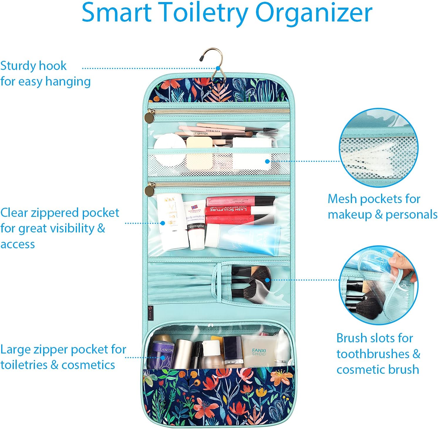 Fintie Portable Toiletry Cosmetic Travel Bag, Large Water Resistant Hanging Makeup Organizer Storage Pouch Case for Women Girls (Jungle Night) - Image 2