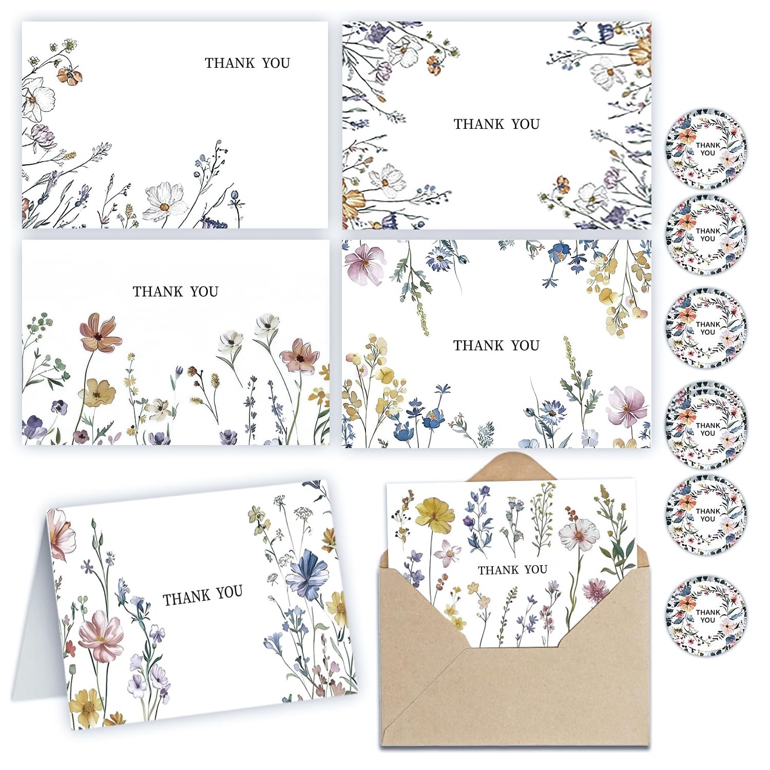 12 Thank You Cards Multipack, with Envelopes – 6 Flower Unique Designs (2 of Each), Pefect for Weddings, Teacher, Birthday, Holiday Personalised Card