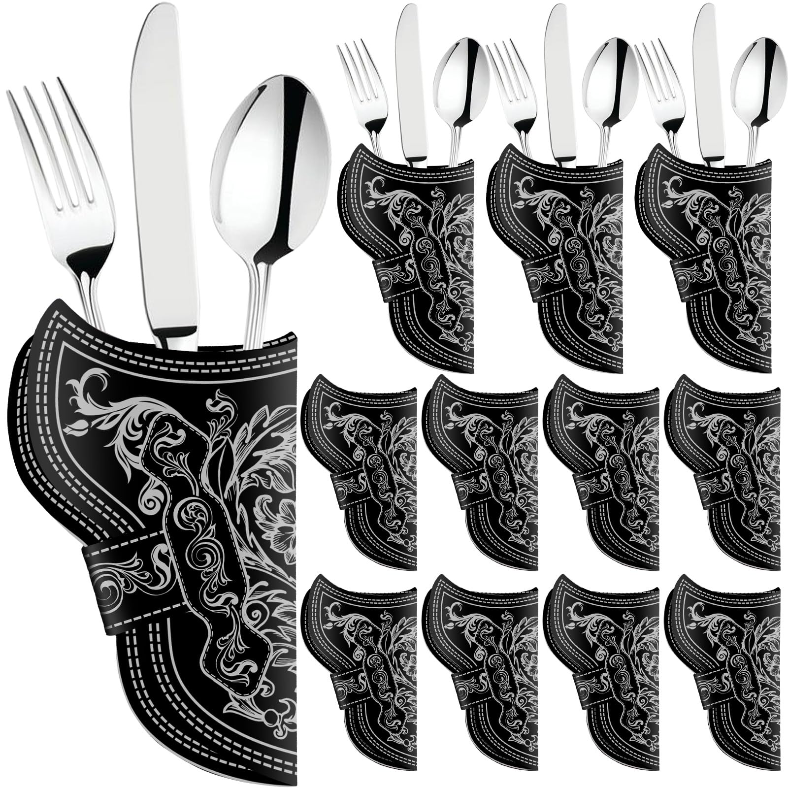 Honeydak 24 Pcs Cowboy Holster Silverware Holsters Knife and Fork Silverware Sleeves Vintage Utensil Pouch Bags for Western Party Easter Decorations Home Church Party