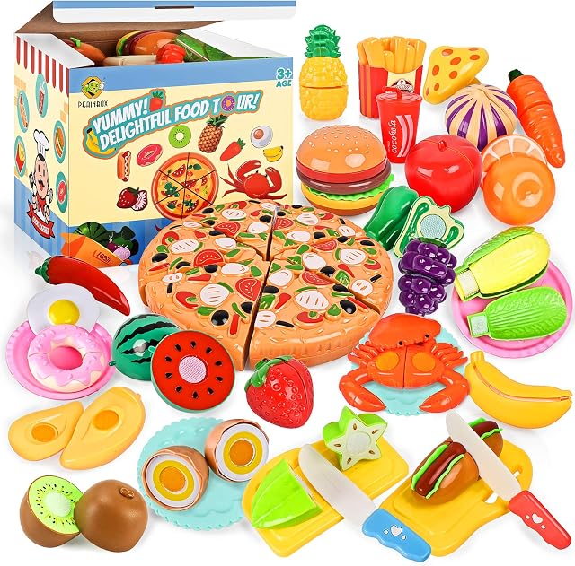 70PCS Kids Pretend Play Food Sets for Children Kitchen Toys Accessories Set BPA Free Plastic Pizza Toy Food Fruits and Vegetables Playset Christmas Birthday Gift Role Play Toys for Kids Boys Girls