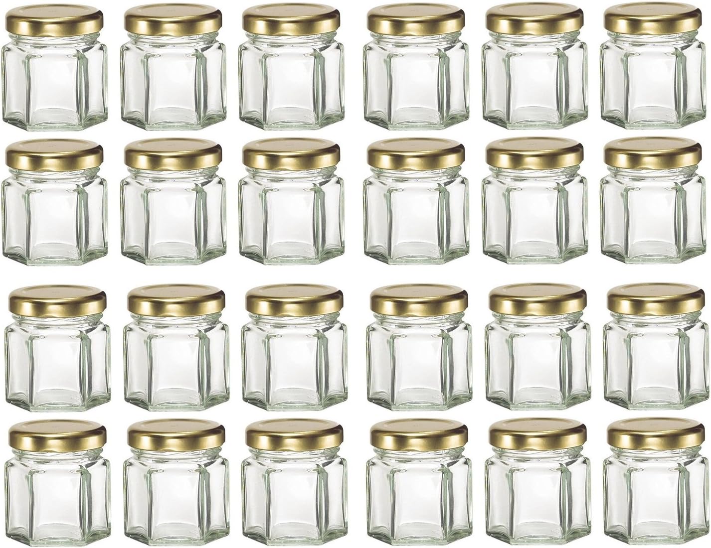 PremiumVials 24 pcs, 1.5 oz Mini Hexagon Glass Jars with GOLD lids for Jam, Honey, Wedding Favors, Shower Favors, Baby Foods, DIY Magnetic Spice Jars