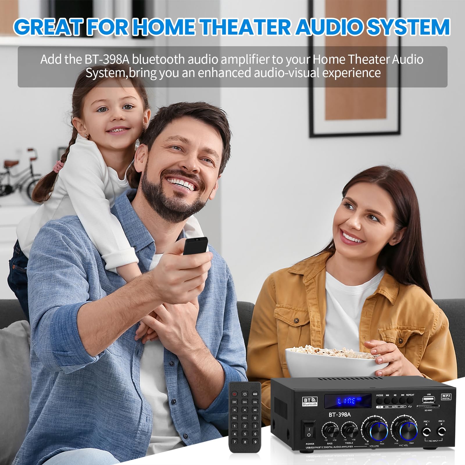 BT-398A Amplificateur Audio, Amplificateur Bluetooth 5.0 2.0 canaux 60Wx2 Mini Amplificateur haut-parleurs Amplificateurs de son numériques avec radio FM USB SD Card pour système audio home cinéma