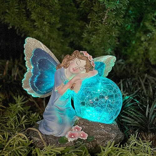 Miniatura 9 de Estatuas solares de jardín de hadas, estatua al aire libre con bola de vidrio, luces solares de resina impermeable, decoración de patio, césped,
