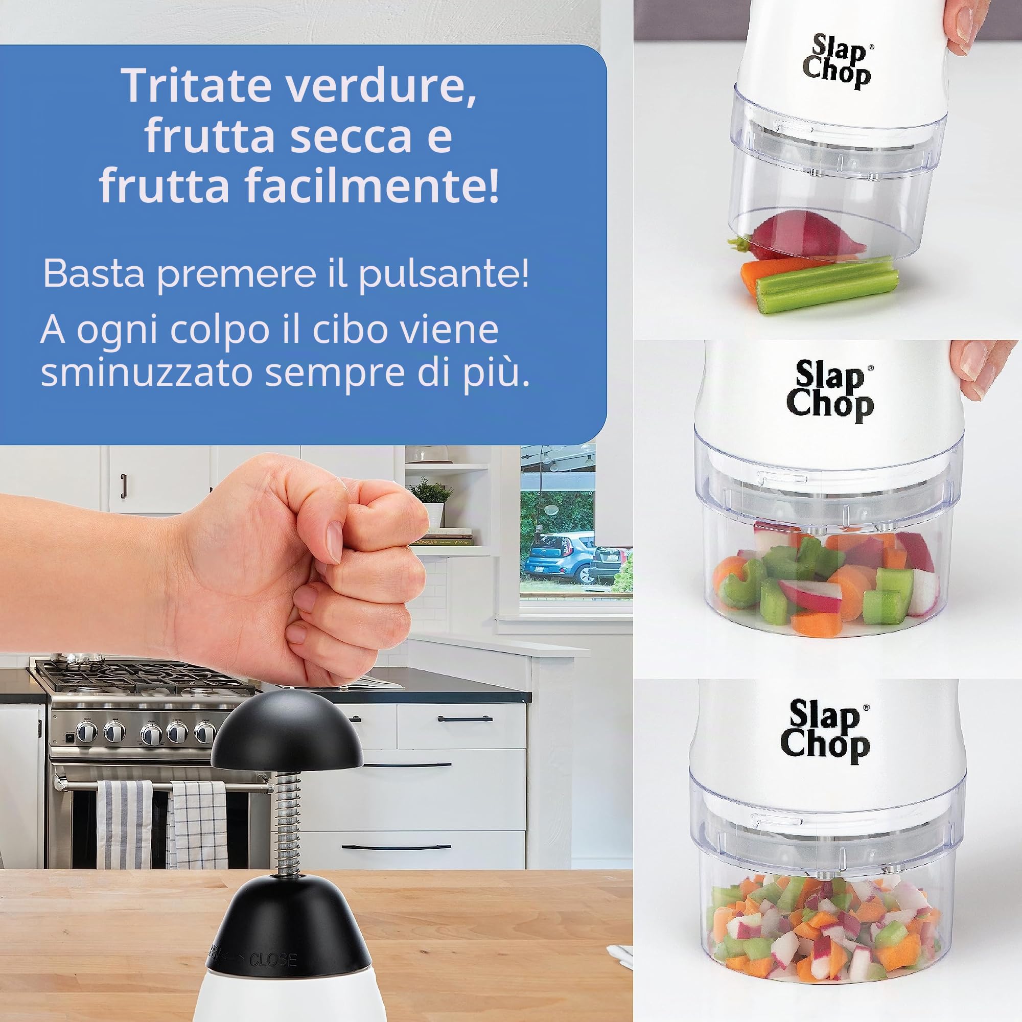 Slap Chop - Tritatutto originale con lame giapponesi in acciaio inox e apertura a farfalla per una facile pulizia – gadget tritatutto – mini tritatutto per insalate – accessorio da cucina
