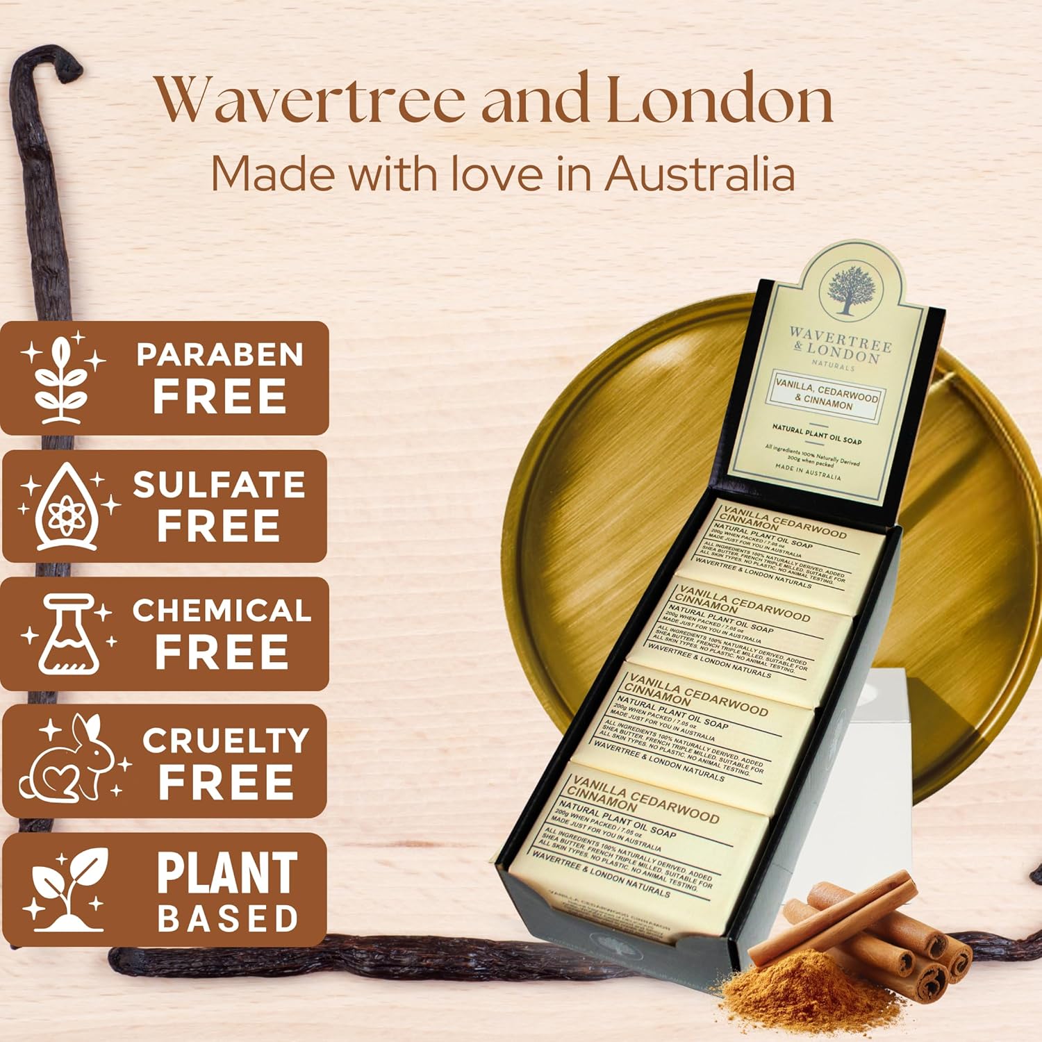 Wavertree & London Vanilla, Cedarwood & Cinnamon Scented Natural Soap (8 Bars), 7oz Moisturizing French Triple Milled Soap Bars enriched with shea butter, Plant Oil Bath & Body Bars for All Skin Types