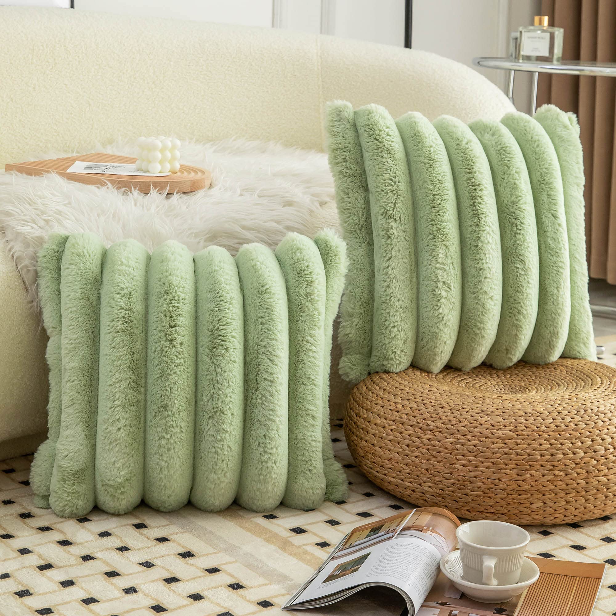 Neelvin Green Faux Fur Cozy Soft Striped Decorative Throw Pillow Covers 20x20 inch(50x50cm) Set of 2,Velvet Pillowcase Cushion Case for Sofa Couch - Image 3