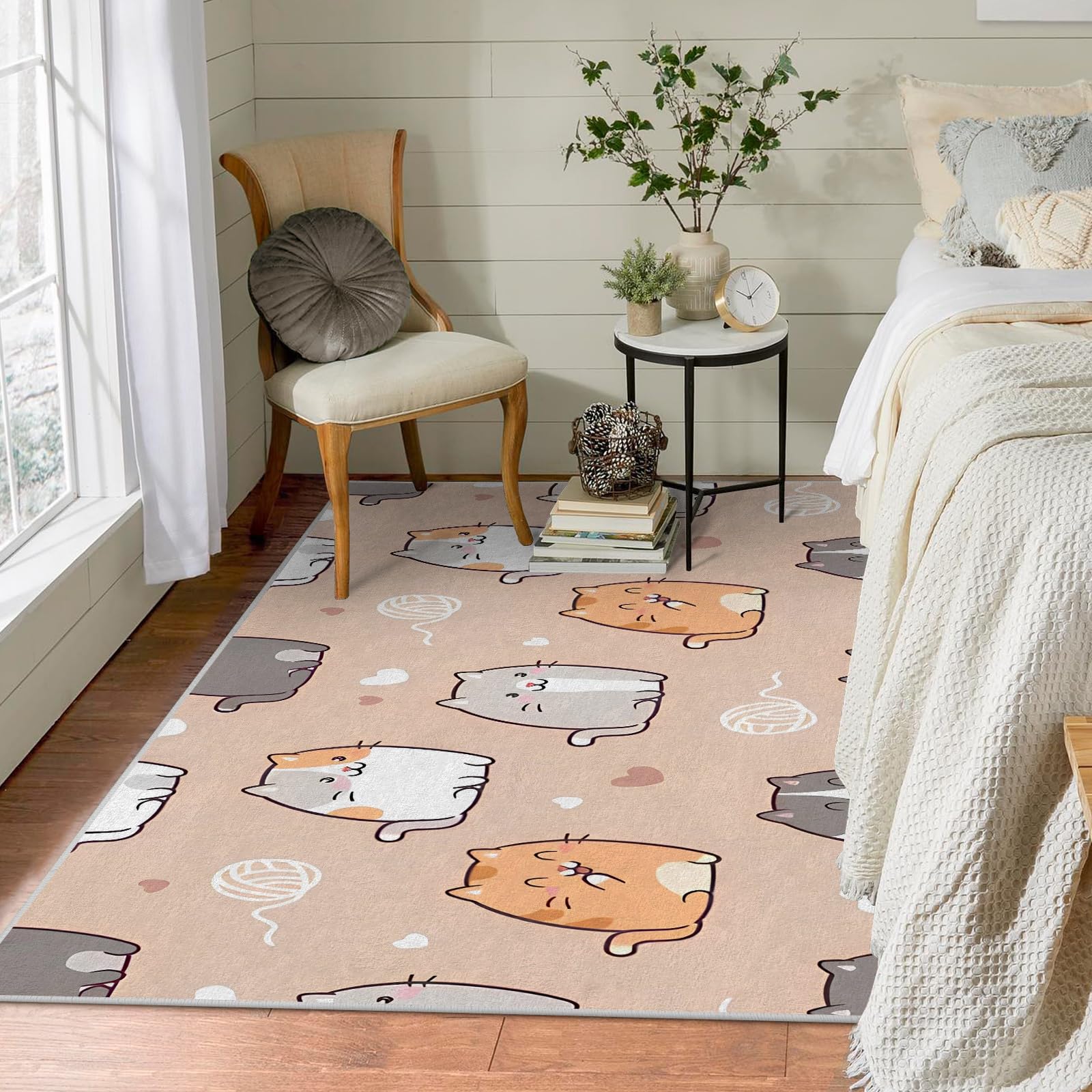 Waschbar Wohnzimmer Teppich Katze 200x300 Kurzflor Teppich Schlafzimmer, Beige Tiere Teppiche Gegend Groß Küchenteppich Dünn rutschfest Saugfähig für Esszimmer
