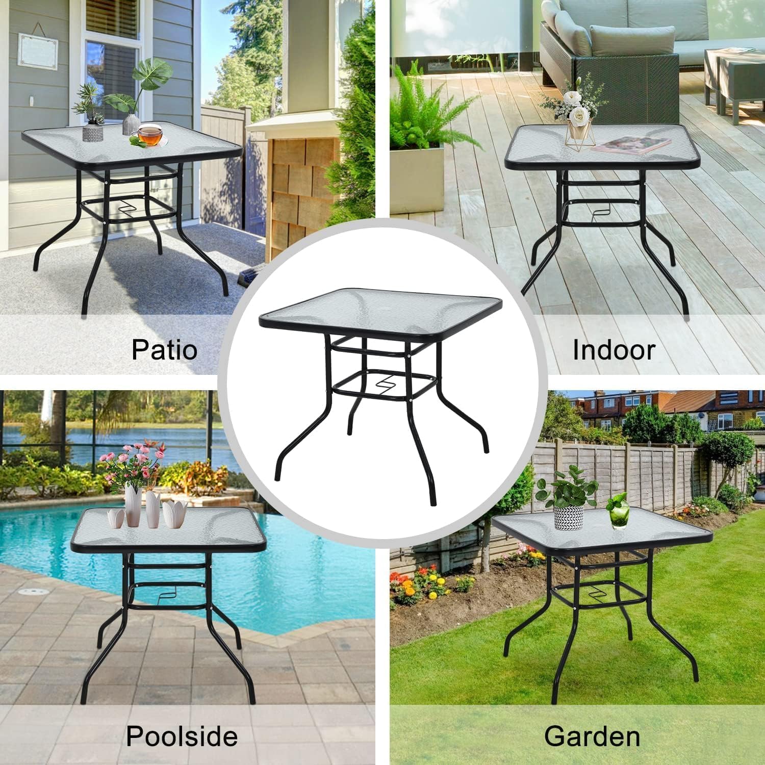 Glass Patio Table with 1.57" Umbrella Hole, 32 Inch Square Outdoor Bistro Dining Table with Tempered Glass Top & Sturdy Steel Frame for Poolside Yard Lawn Balcony (Square)