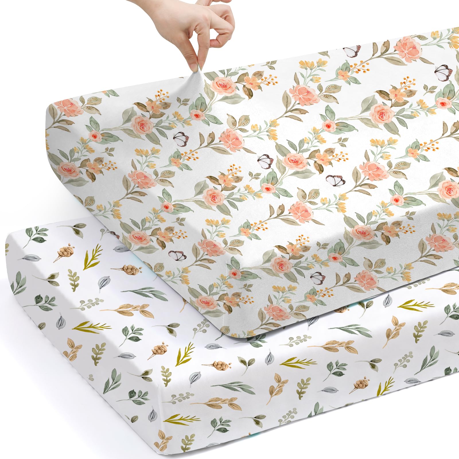 BROLEX Baby Fitted Crib Sheets: Kid Crib Sheets - Set of 2 for Toddler Standard Size Crib Mattress for Boys and Girls - Jersey Knit Crib Bed Sheets Rose &amp; Foliage