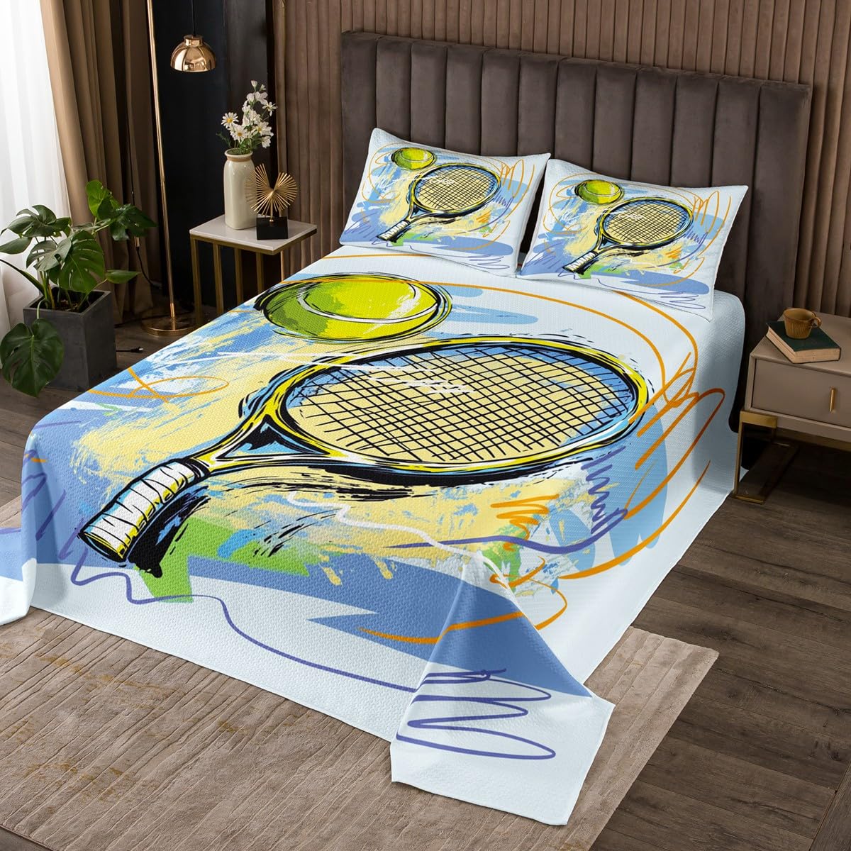 Set di biancheria da letto con copriletto sportivo da tennis, per letto matrimoniale, motivo acquerello e graffiti, set di biancheria da letto con 2 federe