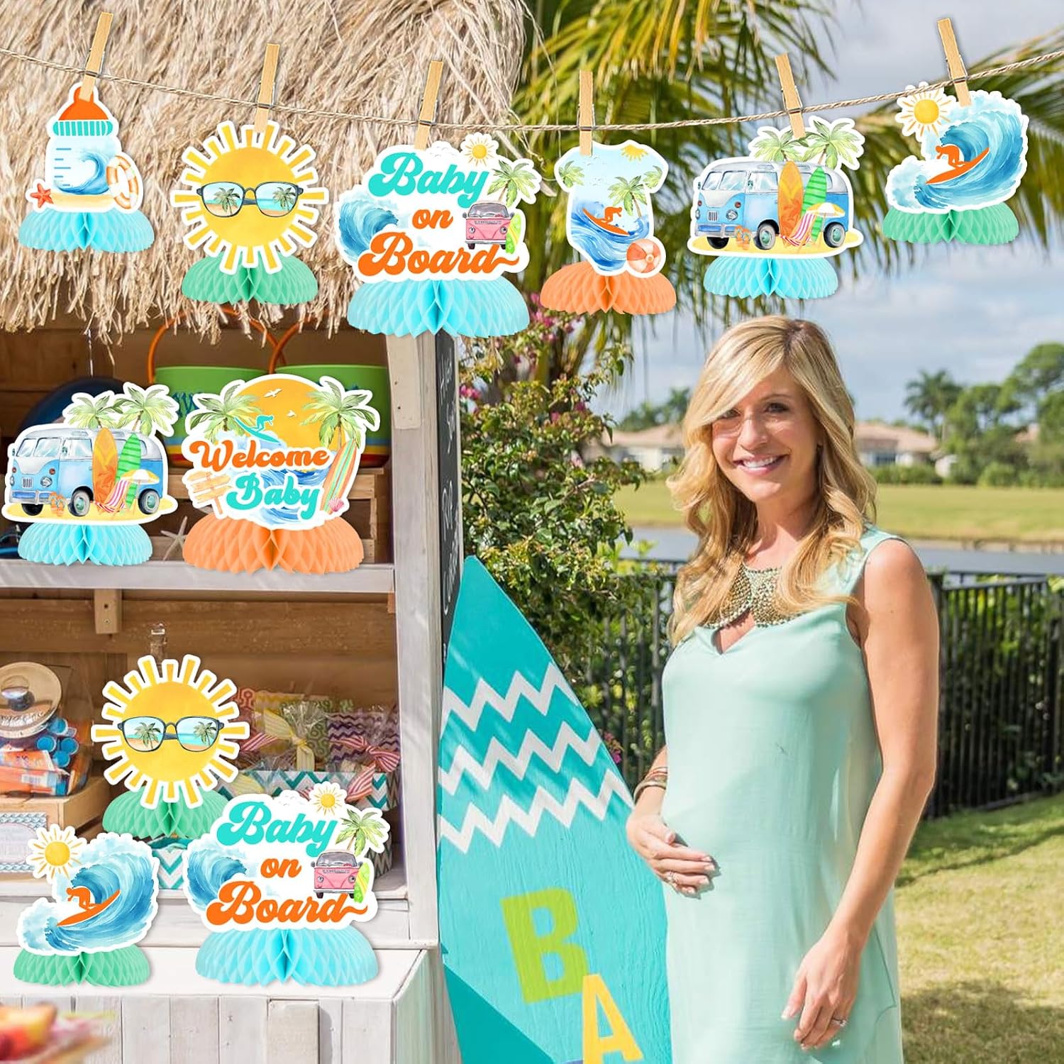 Surf Baby Shower Decorations 8PCS Tropical Beach Honeycomb Centerpieces Baby on Board Baby-Shower Table Decor Surfboard Table Decorations for Summer Beach Ocean Surfing 1st Birthday Supply