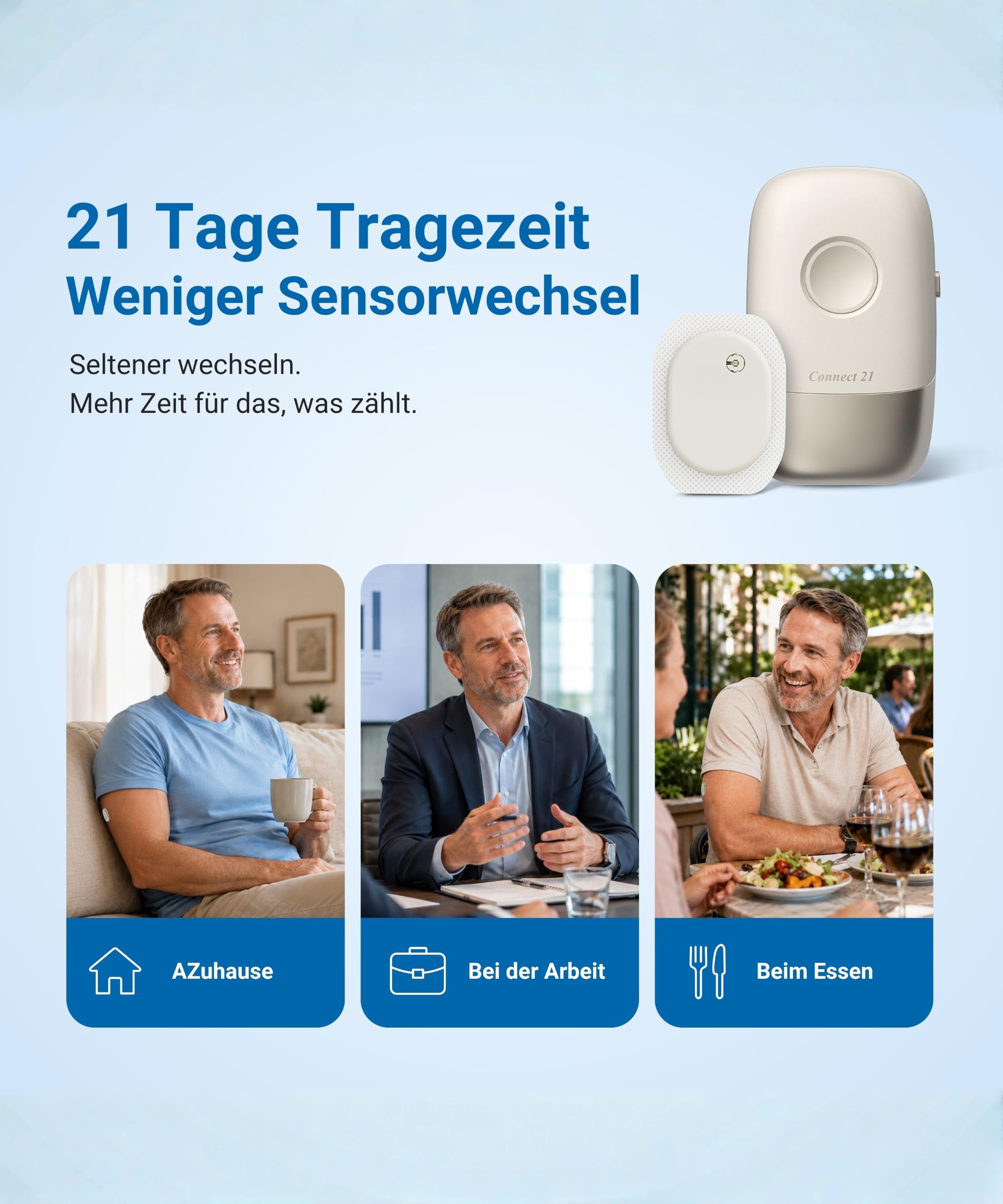 Sensore CGM Connect 21 – Misuratore di glicemia senza punture | 21 Giorni | 8,2% MARD | Impermeabile IP58 | App Bluetooth | CE 2797 | 1 Sensore con applicatore