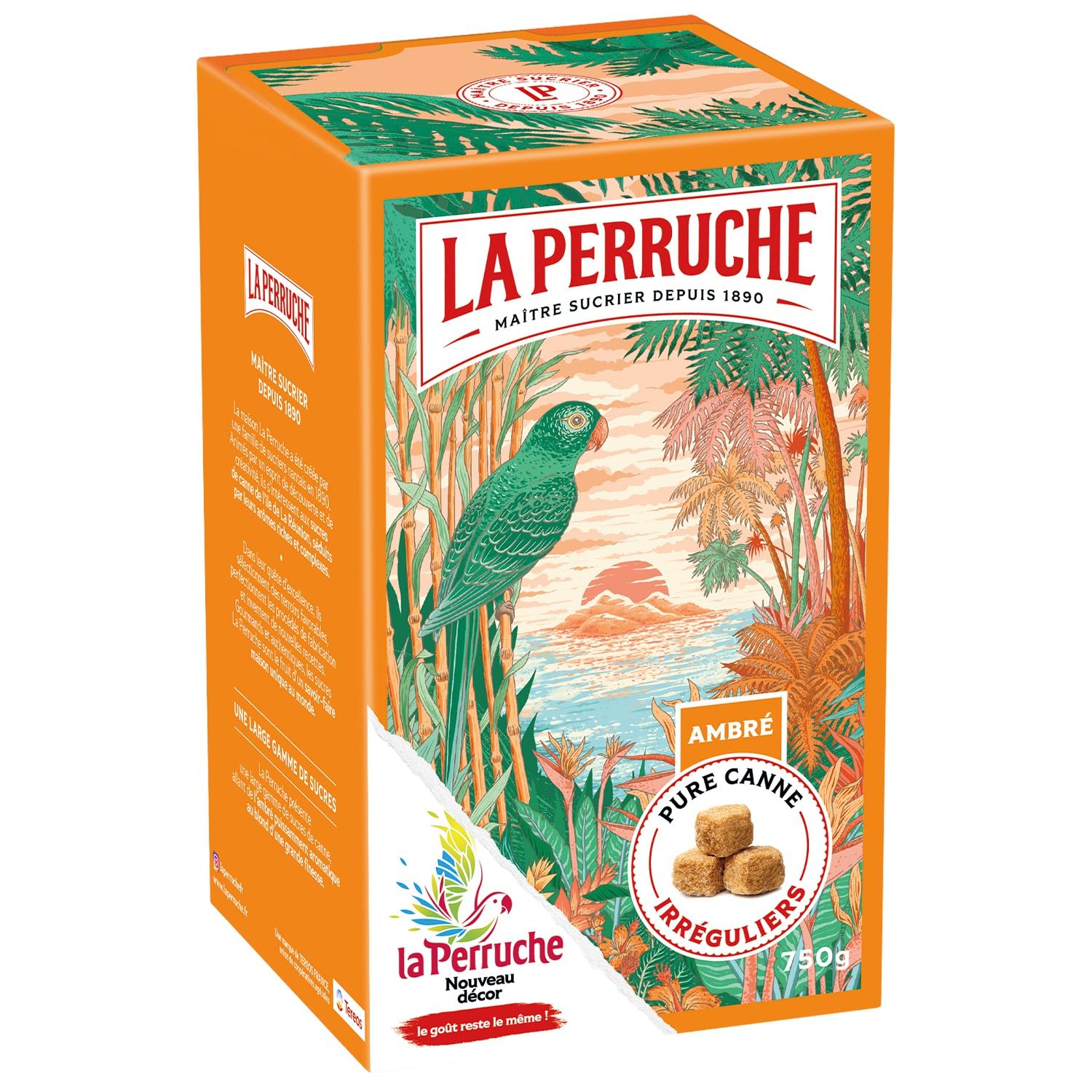 Saveur gourmande et authentique pour vos boissons et pâtisseries — LA PERRUCHE Sucre ambré pure canne morceaux irréguliers, box de 750g - Lot de 3