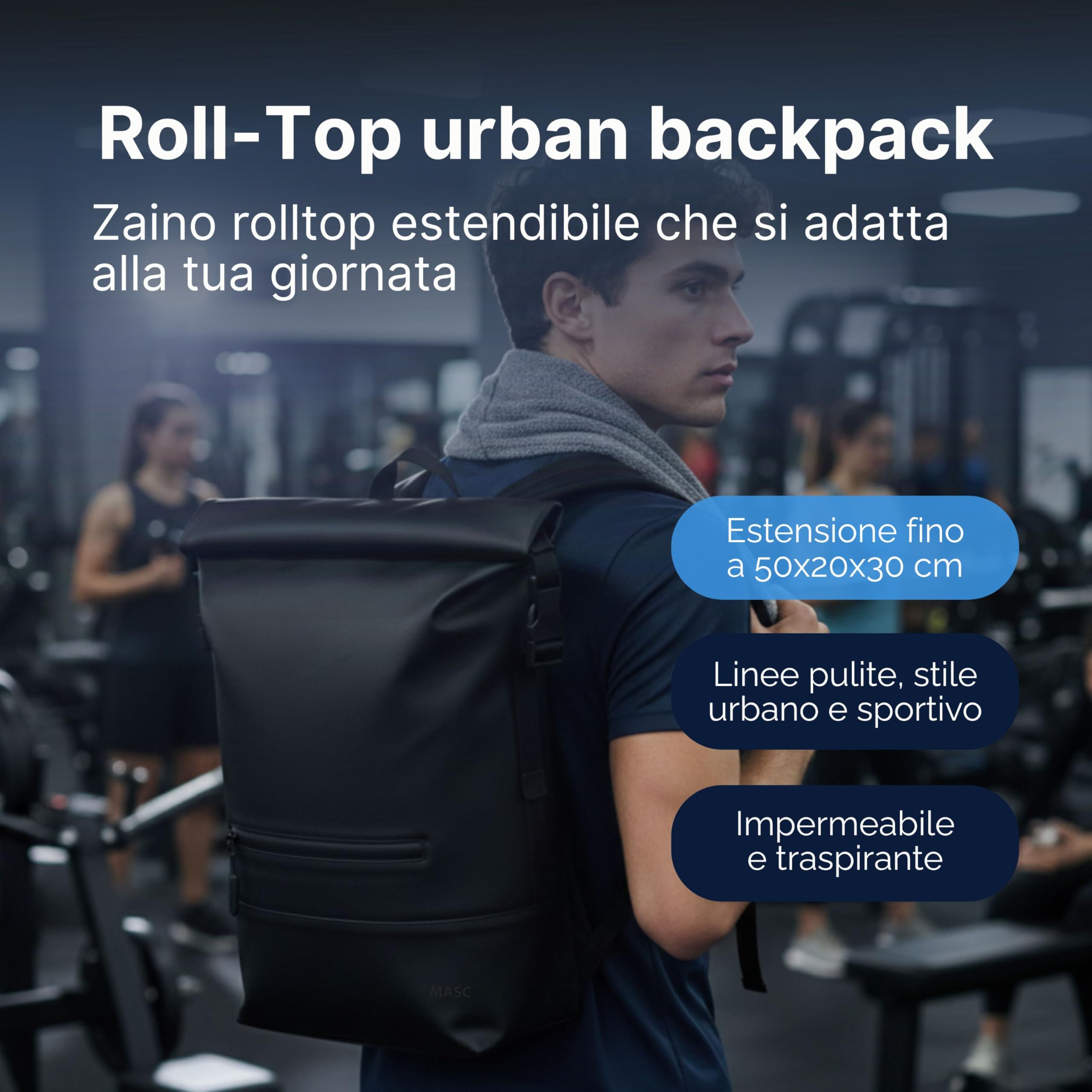 MASC Zaino Rolltop per Ufficio, Zaino da Lavoro Porta PC 17 Pollici, Elegante e Impermeabile perfetto per Uomo e Donna