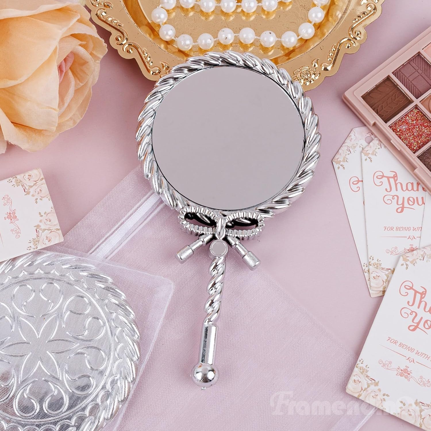 Framendino, 20 Set Bow Round Compact Mirror Bulk Party Favors with Thank You Tag Organza Bag for Wedding Bridal Shower (Silver)