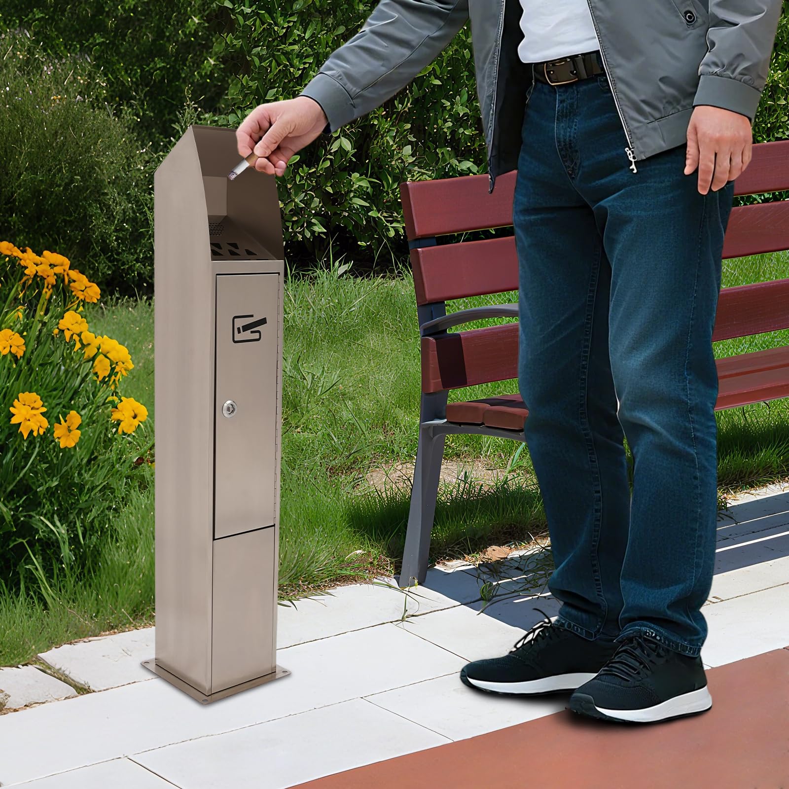 Cendrier d'extérieur en acier inoxydable - 4,8 l - Cendrier pour l'extérieur - Avec clé et protection contre la pluie - Cendrier sur pied - Pour hôtel, bureau, restaurant