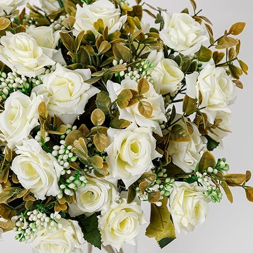 Miniatura 5 de Flores artificiales, 5 racimos, 12 rosas pequeñas de seda falsa, arreglo de flores de plástico para ramos de boda, decoración del hogar, centros de